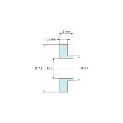 Plano acotado 2 mm, Casquillo aislante con brida Ø3x7,1mm, resalte bajo Ø3,7mm, sulfuro de polifenileno PPS negro UL94-V0