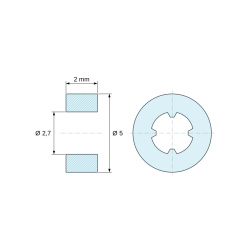 Plano acotado 2 mm, Distanciador liso autorretenido, PA6.6 negro, UL94-V2, Ø2,7 × 5 mm, para tornillo M2,5