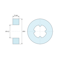 Plano acotado 2 mm, Distanciador liso autorretenido, PA6.6 negro, UL94-HB, Ø4,2 × 8 mm, para tornillo M4