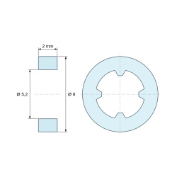 Plano acotado 2 mm, Distanciador liso autorretenido, PA6.6 negro, UL94-V2, Ø5,2 × 8 mm, para tornillo M5