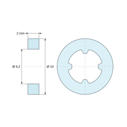 Plano acotado 2 mm, Distanciador liso autorretenido, PA6.6 negro, UL94-HB, Ø6,2 × 10 mm, para tornillo M6