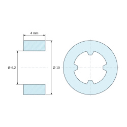 Plano acotado 4 mm, Distanciador liso autorretenido, PA6.6 negro, UL94-V2, Ø6,2 × 10 mm, para tornillo M6