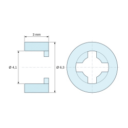 Plano acotado 3 mm, Distanciador liso autorretenido, PA6.6 natural, UL94-V2, Ø4,1 × 6,3 mm, para tornillo M3,5