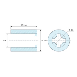 Plano acotado 9,5 mm, Distanciador liso autorretenido, PA6.6 natural, UL94-V2, Ø5 × 7,9 mm, para tornillo M5