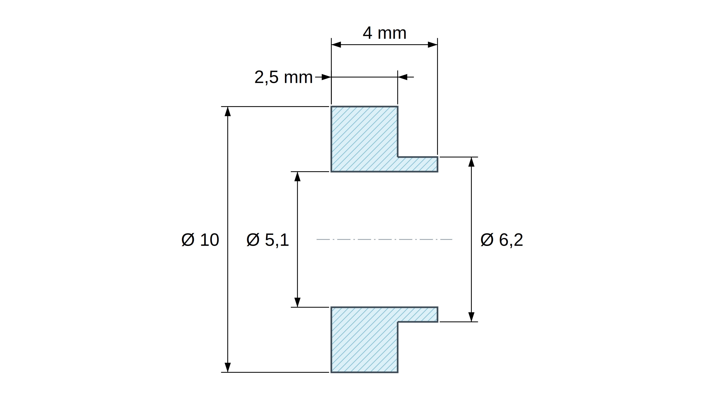 Casquillo aislante con brida Ø5,1x10mm, resalte alto Ø6,2mm, poliamida PA6.6 negra reforzada con fibra de vidrio UL94-HB