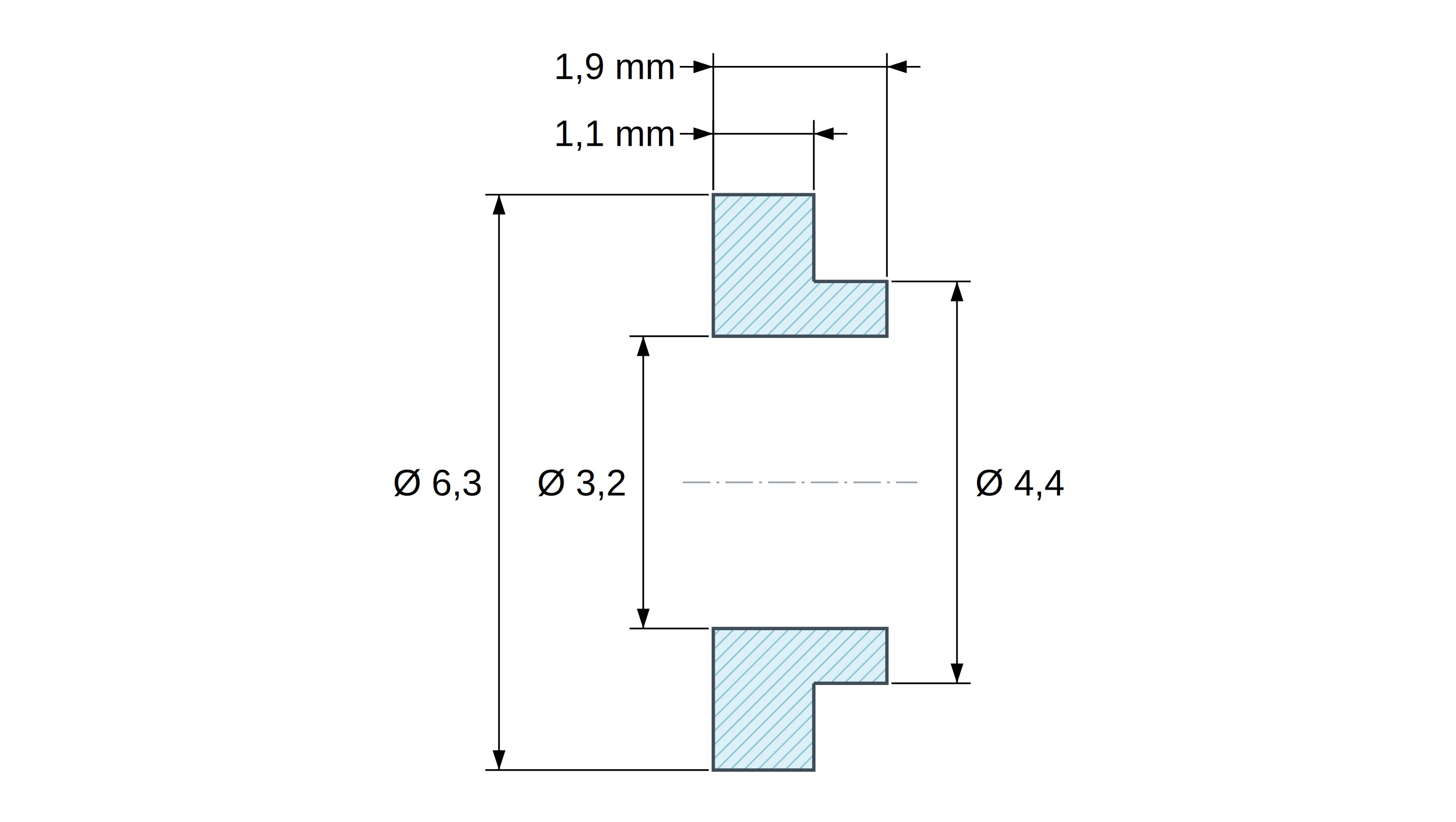 Casquillo aislante con brida Ø3,2x6,3mm, resalte bajo Ø4,4mm, poliamida PA4.6 negra reforzada con fibra de vidrio UL94-V0