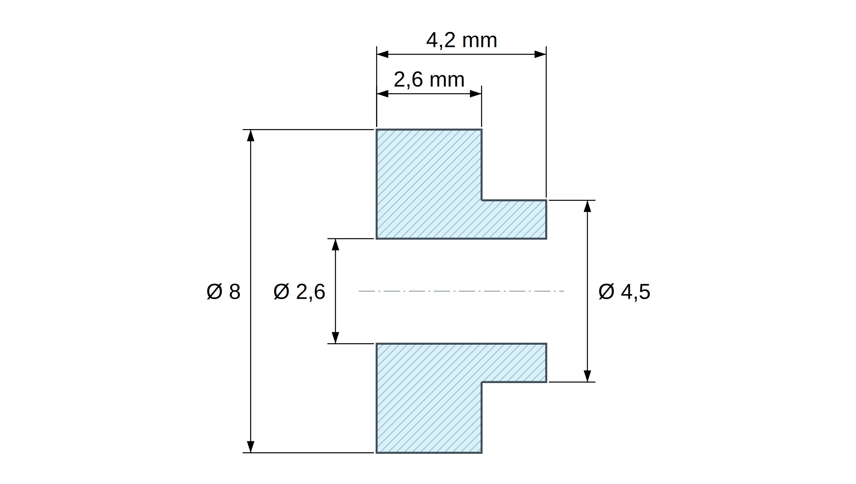Casquillo aislante con brida Ø2,6x8mm, resalte bajo Ø4,5mm, poliamida PA6.6 negra reforzada con fibra de vidrio UL94-HB