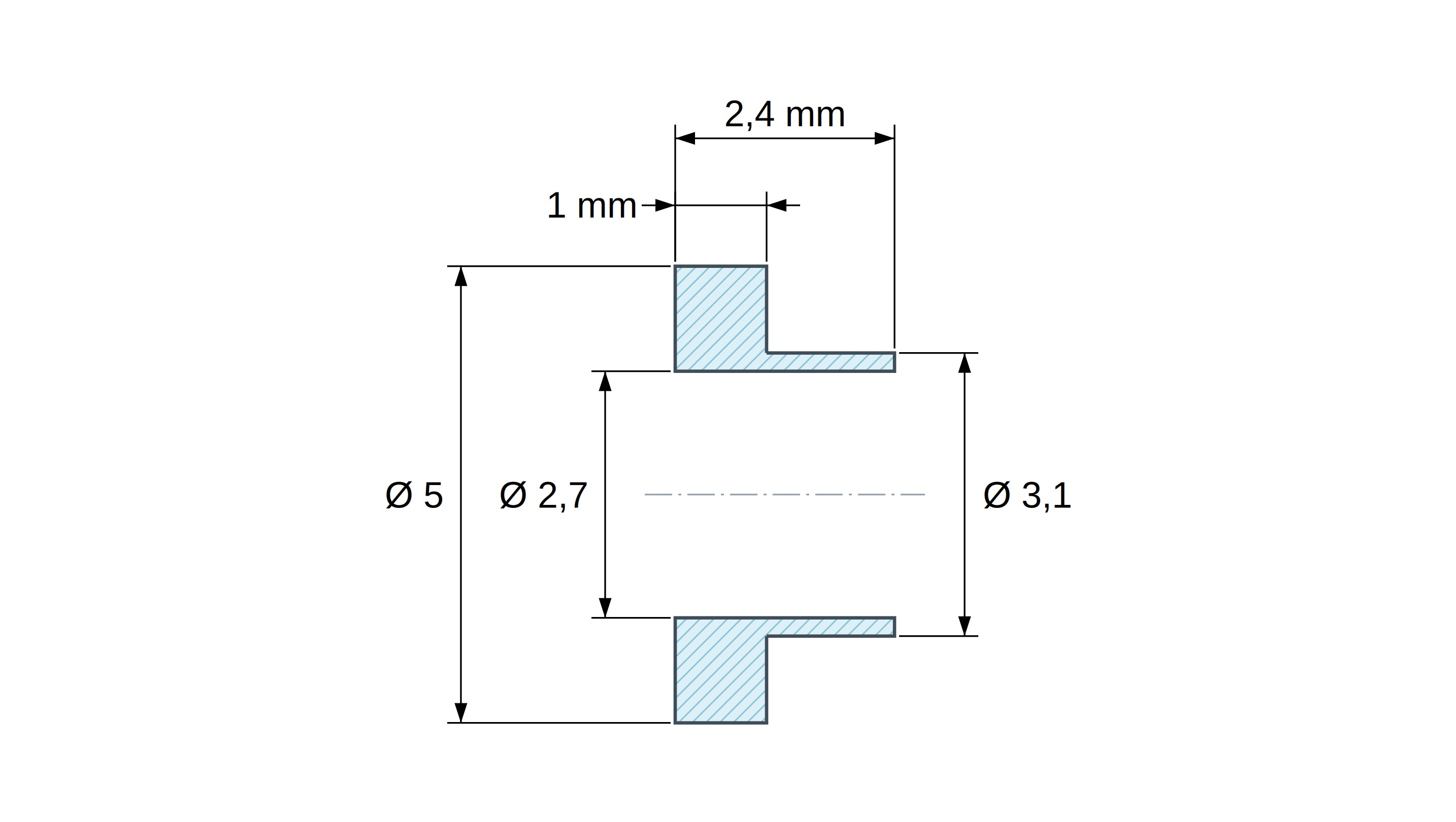 Casquillo aislante con brida Ø2,7x5mm, resalte bajo Ø3,1mm, poliamida PA6.6 negra reforzada con fibra de vidrio UL94-HB