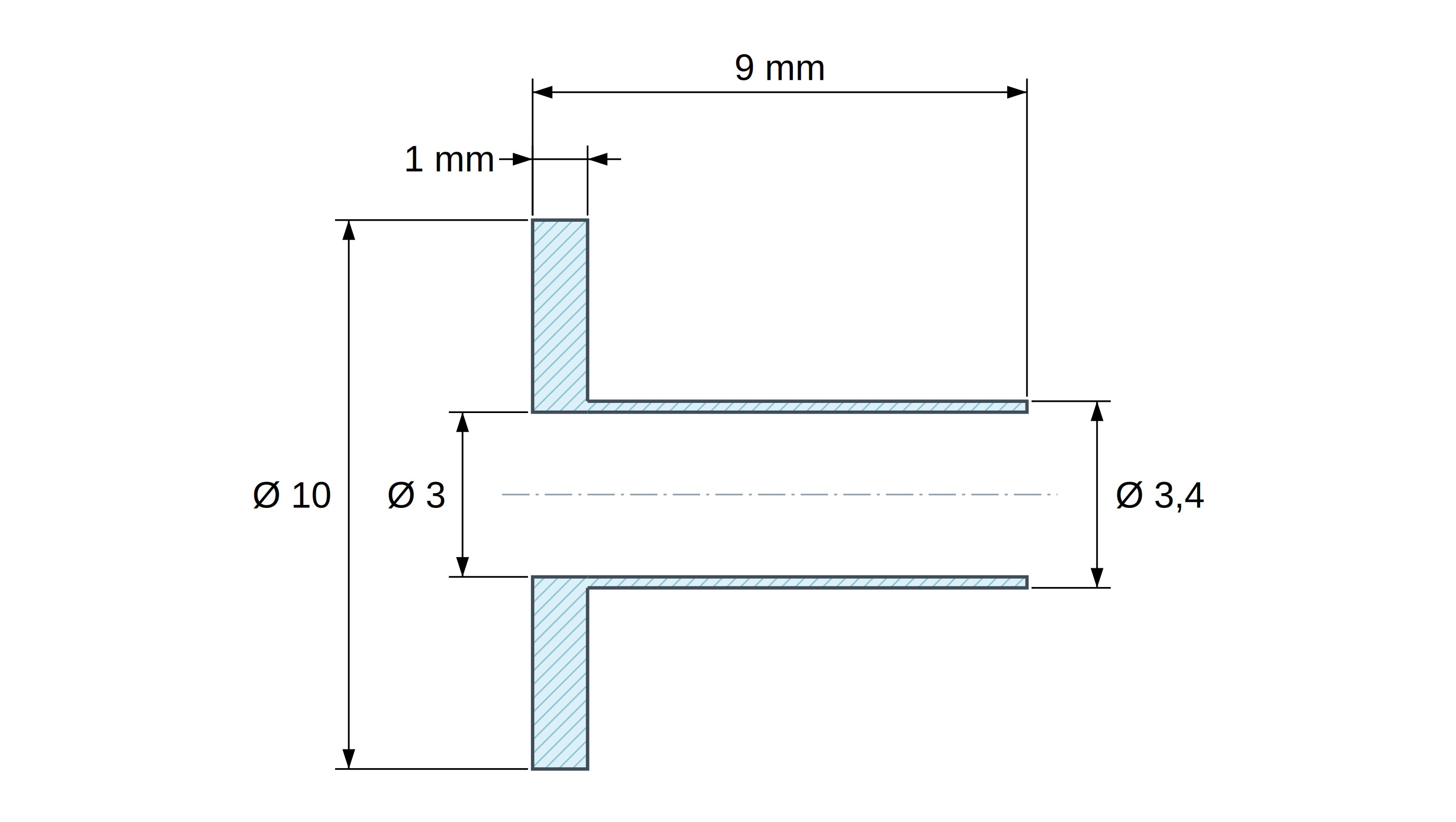 Casquillo aislante con brida Ø3x10mm, resalte alto Ø3,4mm, poliamida PA6.6 negra reforzada con fibra de vidrio UL94-HB
