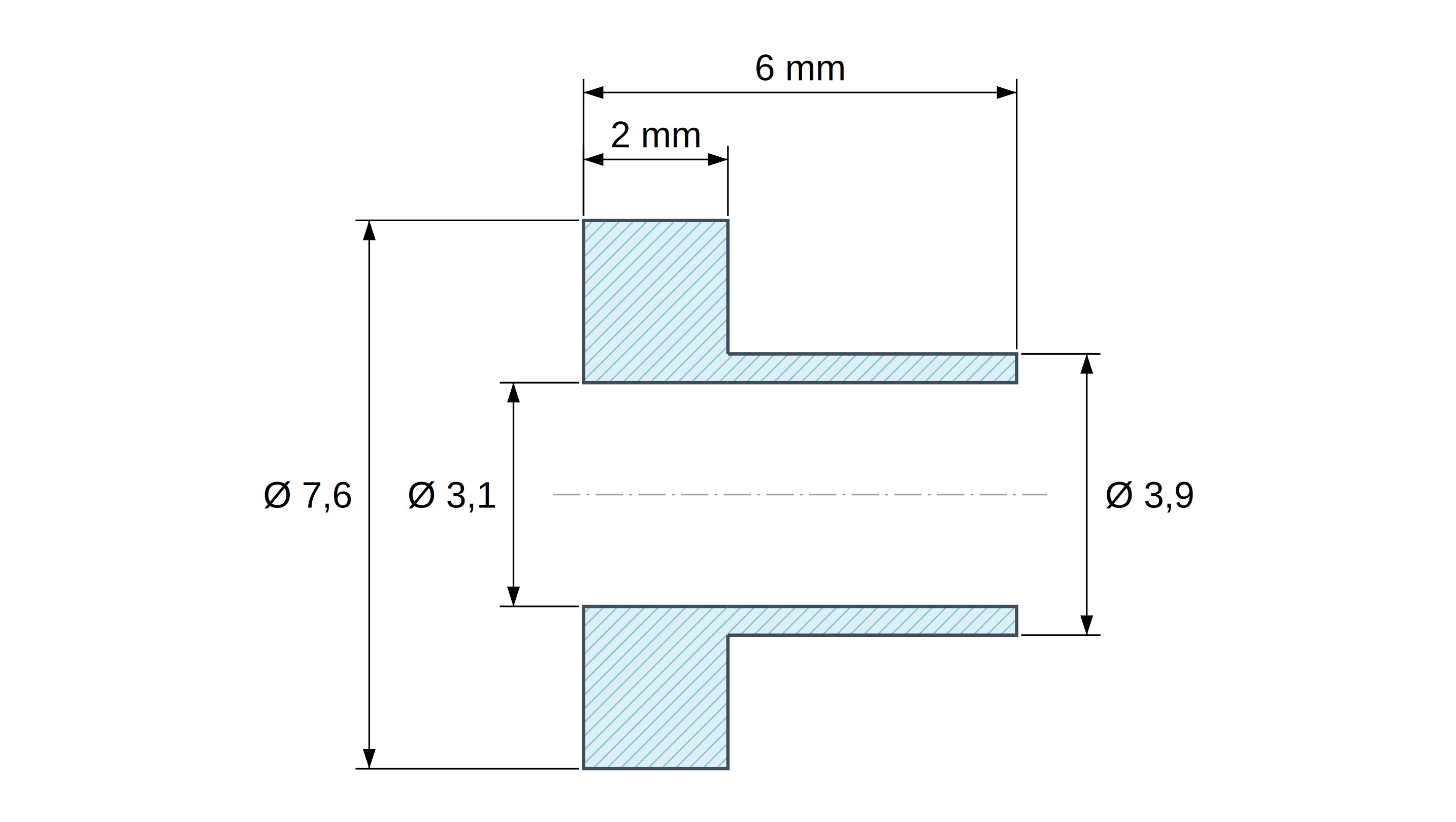 Casquillo aislante con brida Ø3,1x7,6mm, resalte alto Ø3,9mm, poliamida PA6.6 negra reforzada con fibra de vidrio UL94-HB