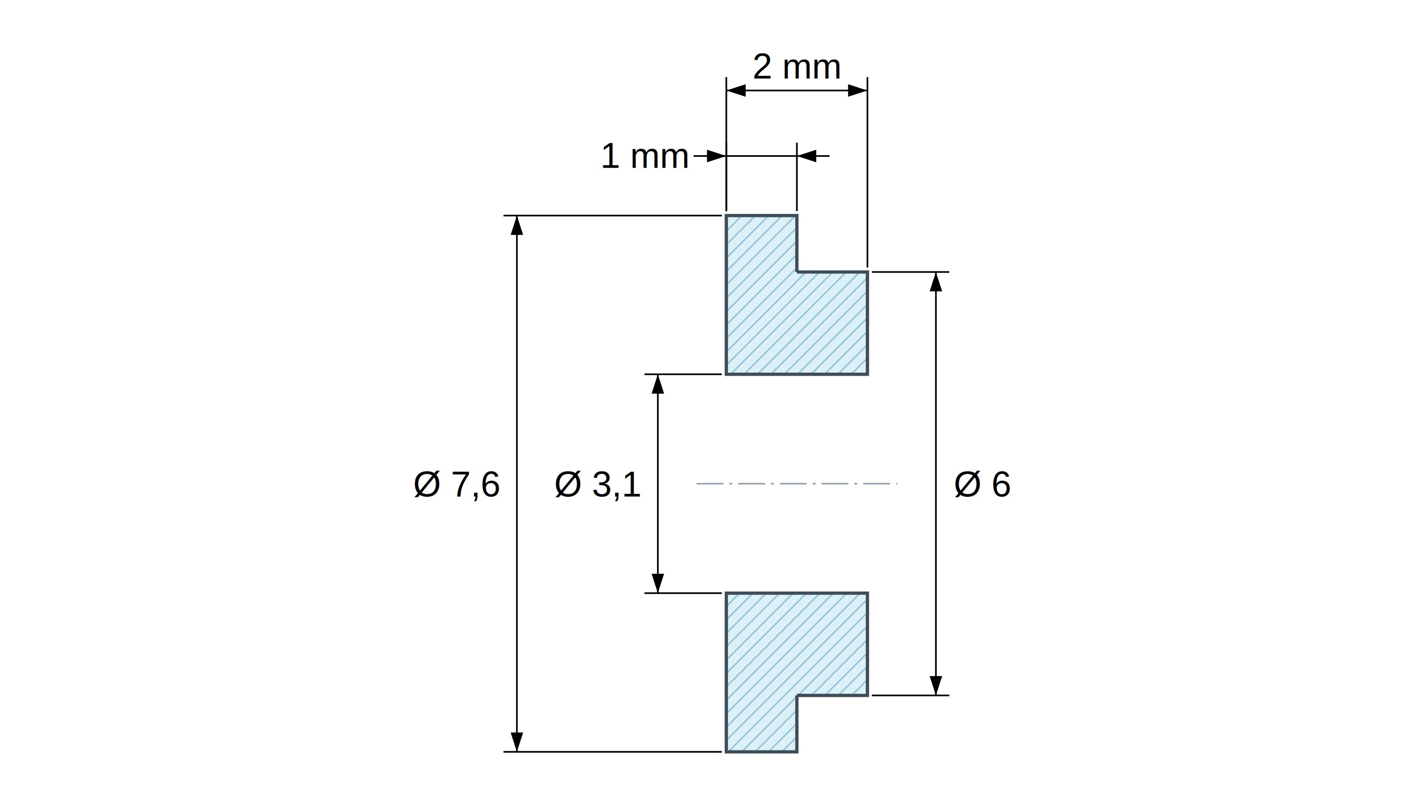 Casquillo aislante con brida Ø3,1x7,6mm, resalte bajo Ø6mm, poliamida PA6.6 negra reforzada con fibra de vidrio UL94-HB