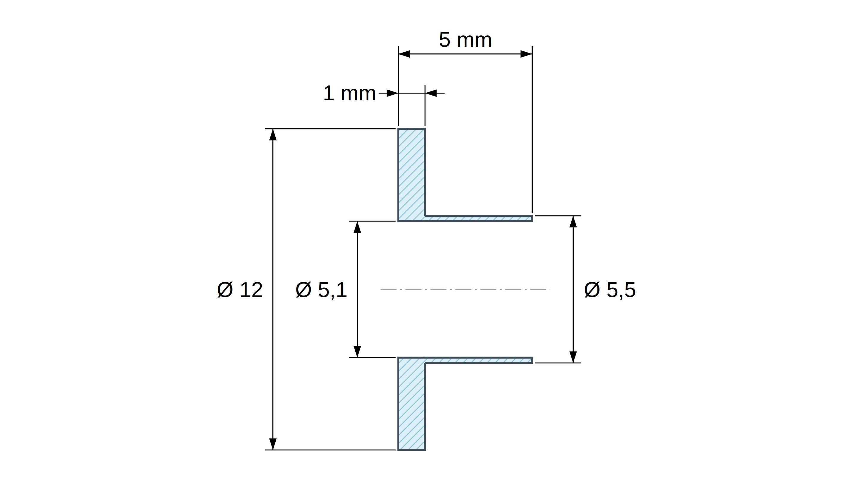 Casquillo aislante con brida Ø5,1x12mm, resalte alto Ø5,5mm, poliamida PA6.6 negra reforzada con fibra de vidrio UL94-HB