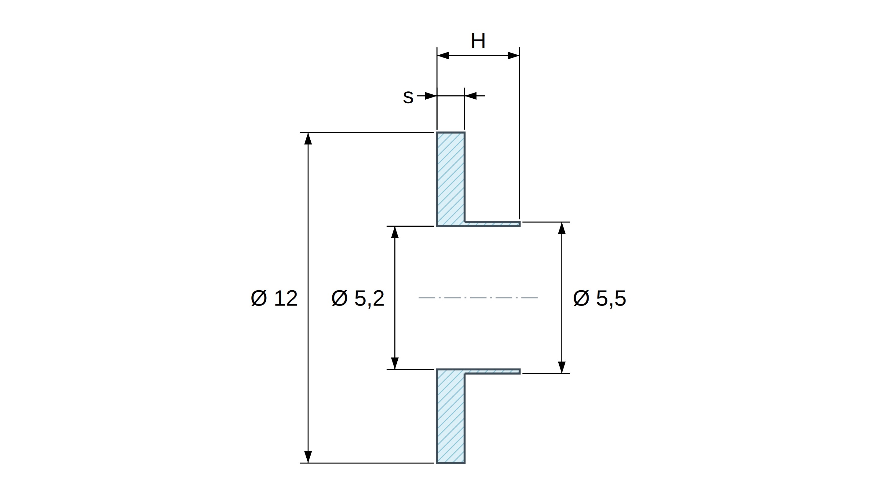 Casquillo aislante con brida Ø5,2x12mm, resalte alto Ø5,5mm, poliamida PA6.6 negra reforzada con fibra de vidrio UL94-HB