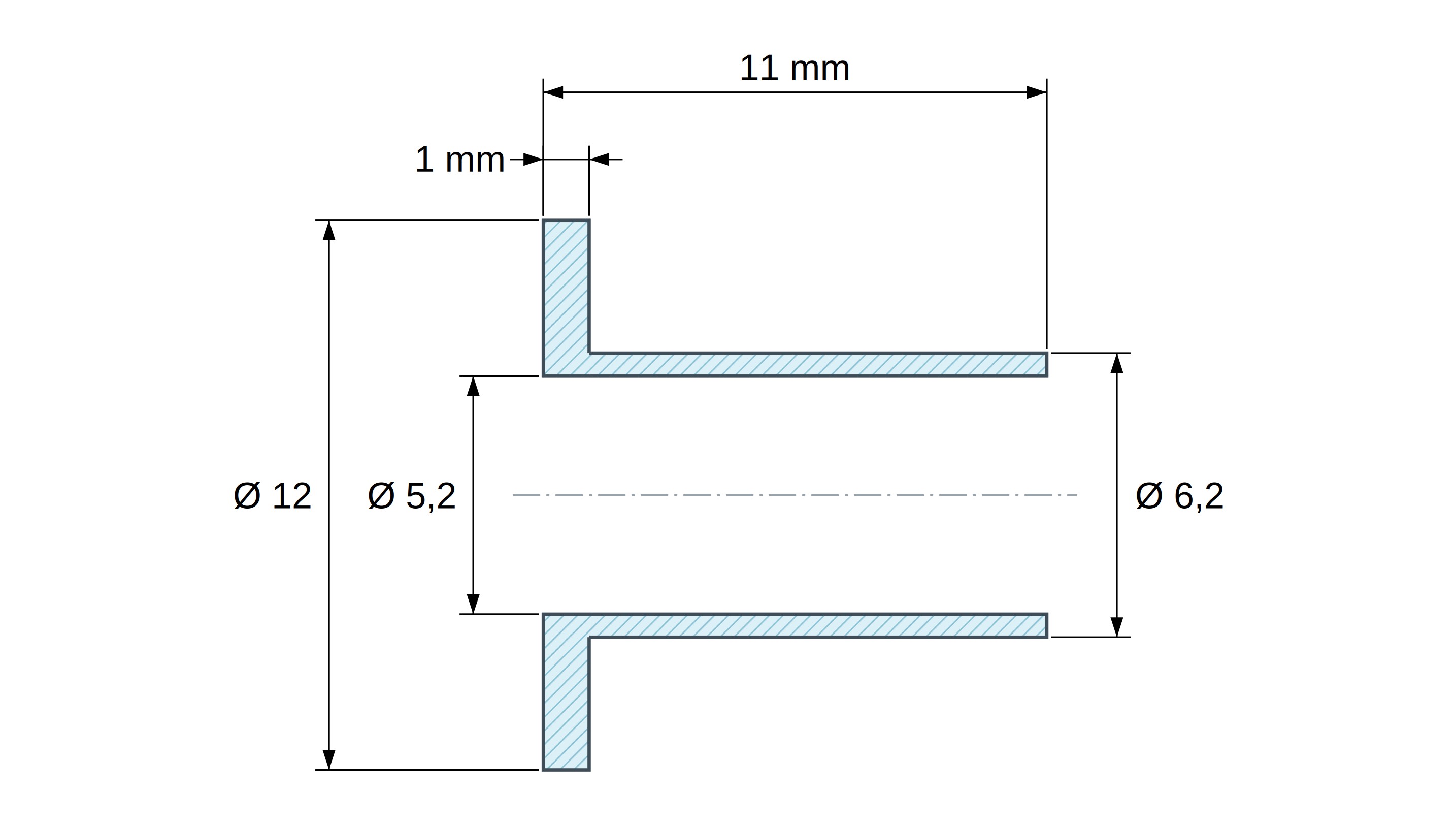 Casquillo aislante con brida Ø5,2x12mm, resalte alto Ø6,2mm, poliamida PA6.6 negra reforzada con fibra de vidrio UL94-HB