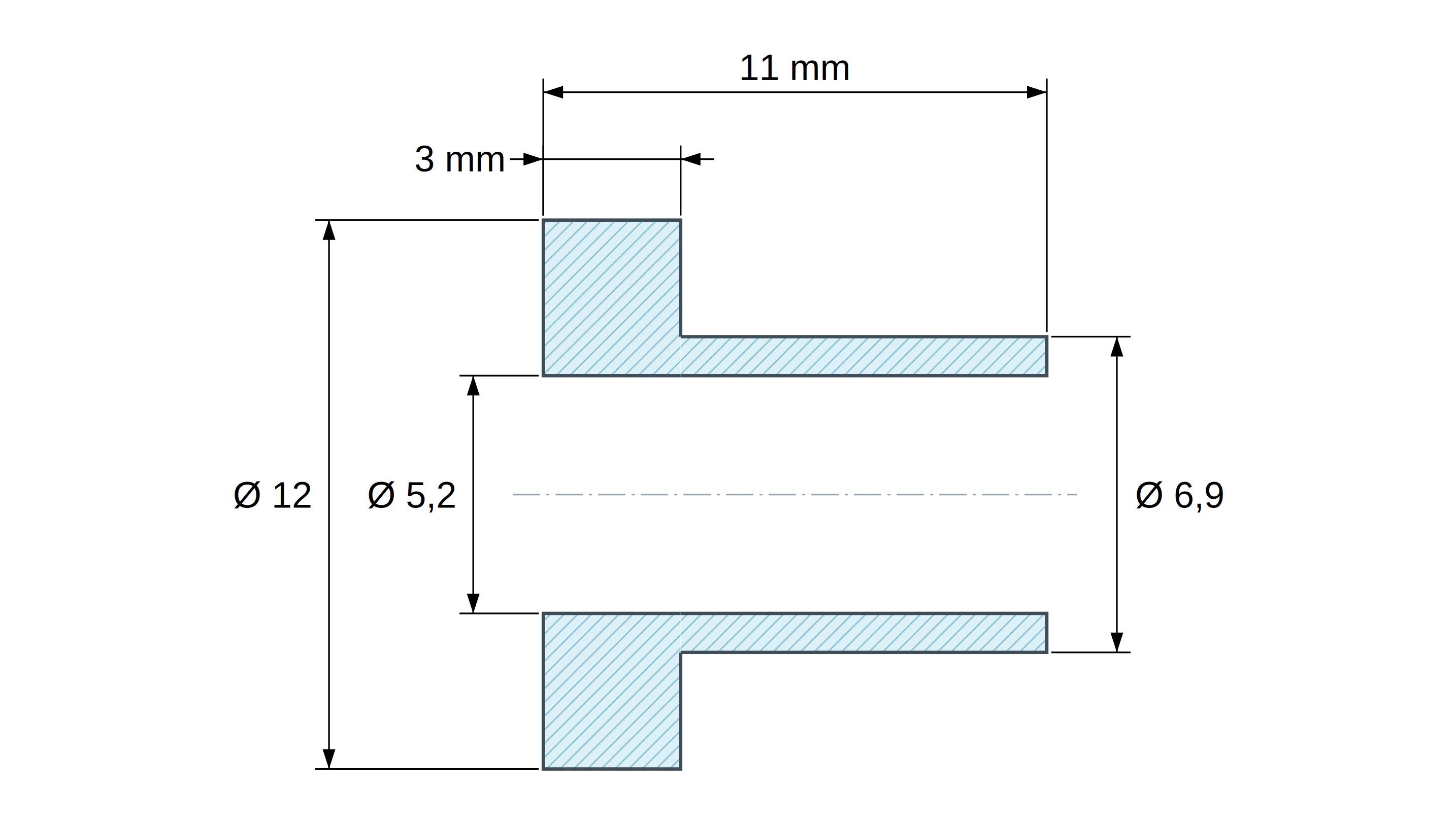 Casquillo aislante con brida Ø5,2x12mm, resalte alto Ø6,9mm, poliamida PA6.6 negra reforzada con fibra de vidrio UL94-HB