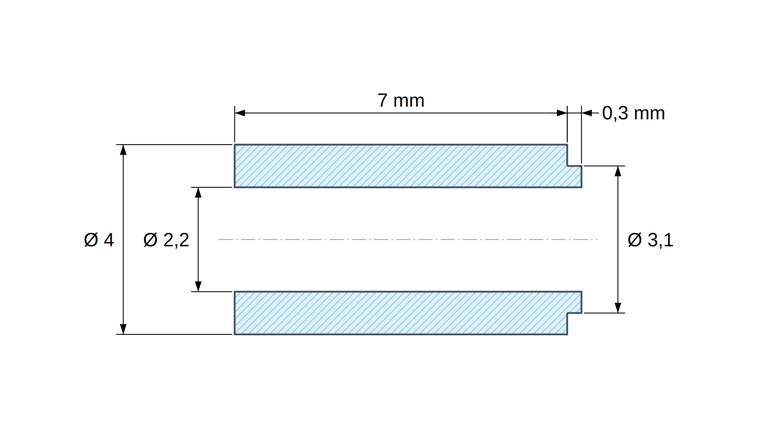 Plano acotado del separador con resalte PA6-FV Ø2,2×4 mm, resalte Ø3,1×0,3 mm, para M2, UL94-HB Plano acotado del separador con resalte PA6-FV Ø2,2×4 mm, resalte Ø3,1×0,3 mm, para M2, UL94-HB