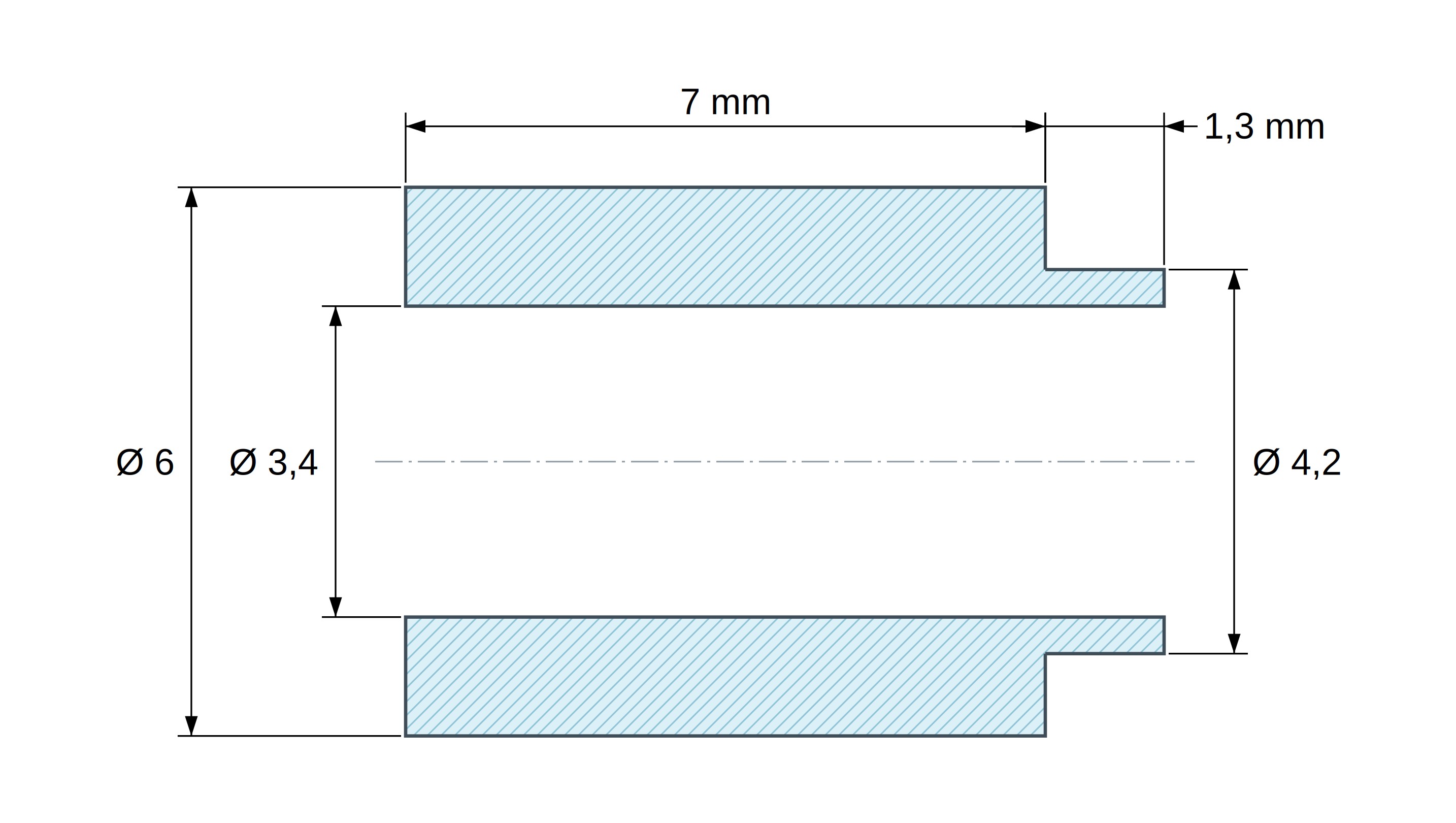 Plano acotado del separador con resalte PA6-FV Ø3,4×6 mm, resalte Ø4,2×1,3 mm, para M3, UL94-HB Plano acotado del separador con resalte PA6-FV Ø3,4×6 mm, resalte Ø4,2×1,3 mm, para M3, UL94-HB