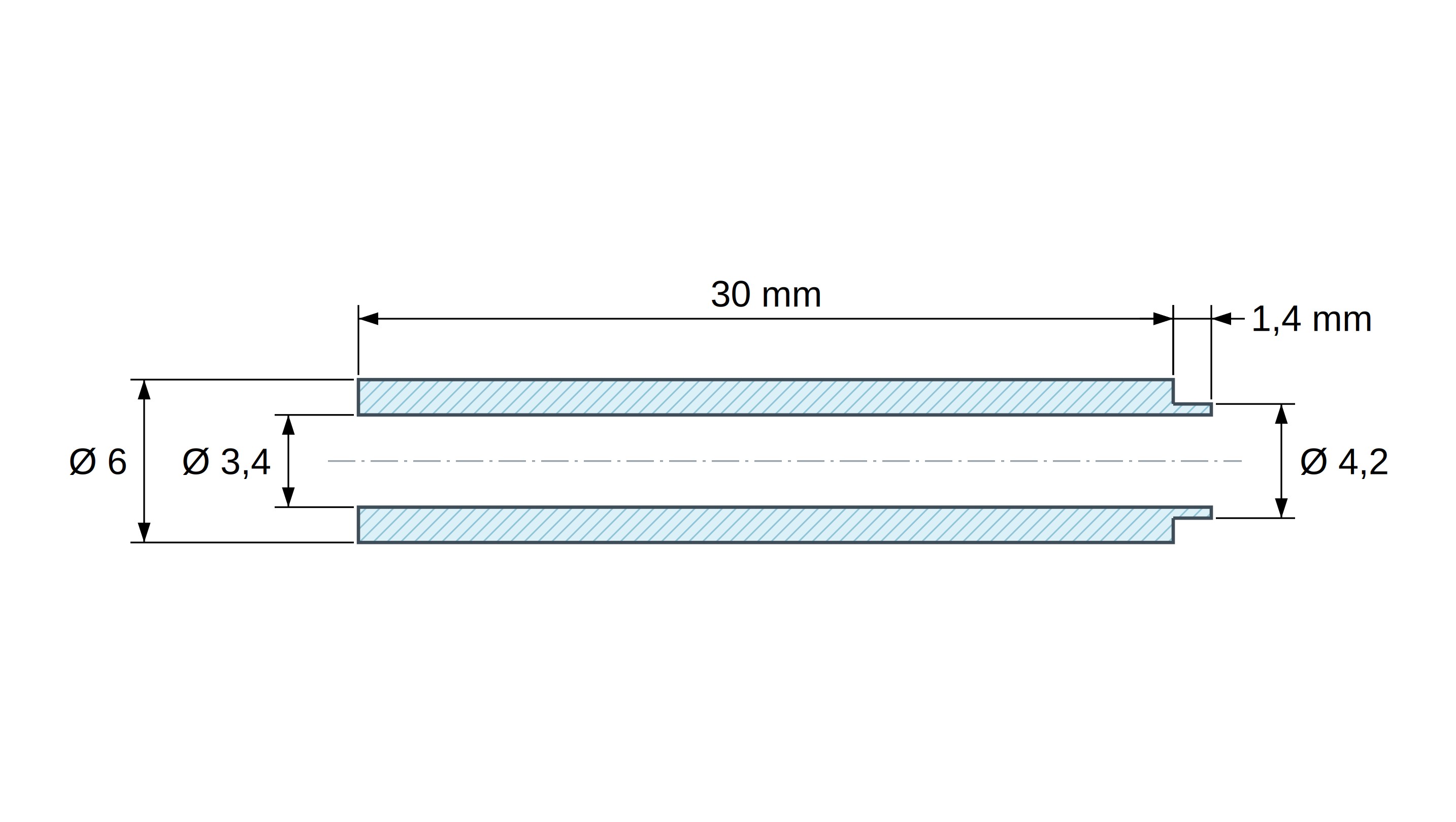 Plano acotado del separador con resalte PA6-FV Ø3,4×6 mm, resalte Ø4,2×1,4 mm, para M3, UL94-HB Plano acotado del separador con resalte PA6-FV Ø3,4×6 mm, resalte Ø4,2×1,4 mm, para M3, UL94-HB
