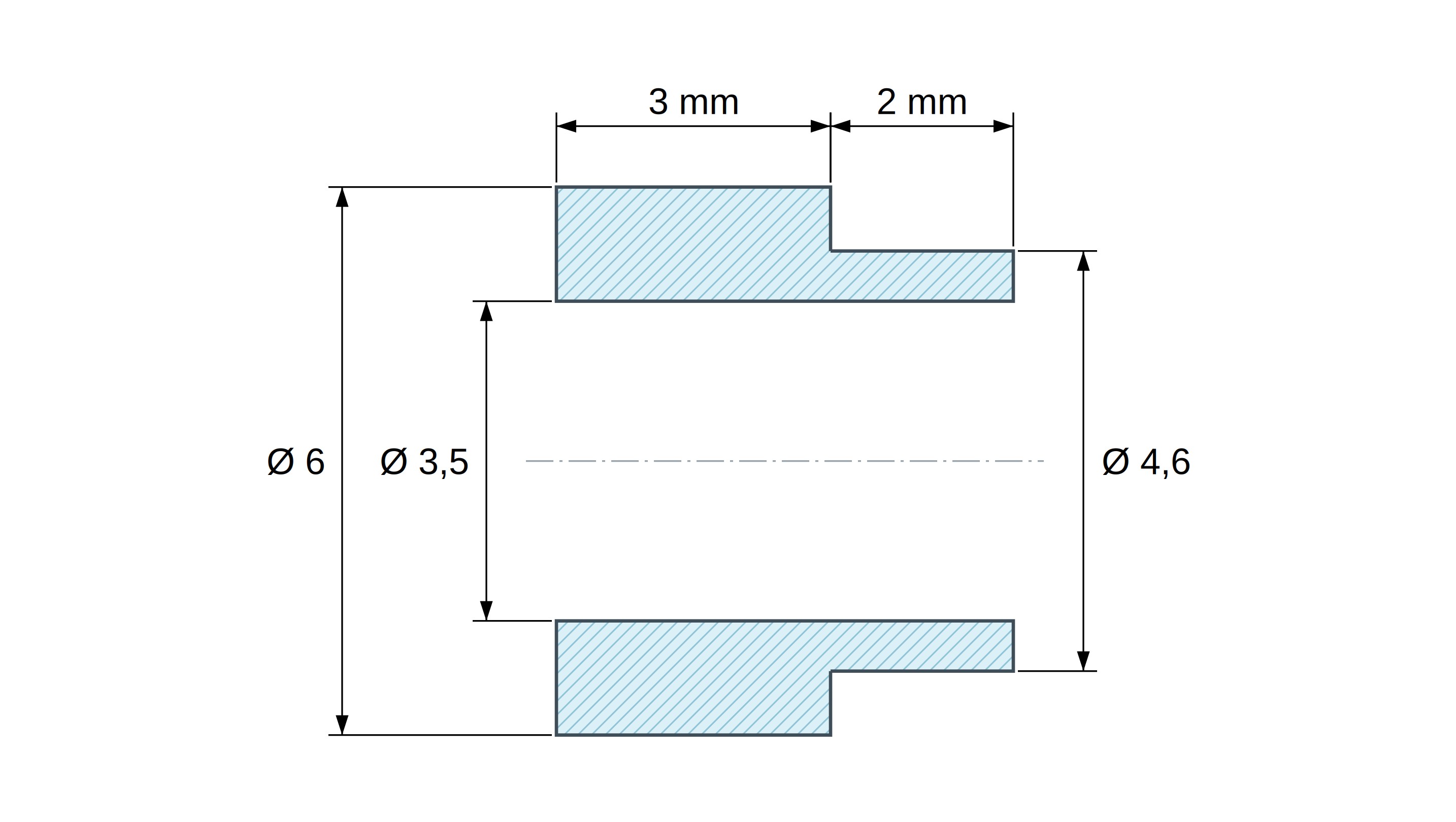 Plano acotado del separador con resalte PA6-FV Ø3,5×6 mm, resalte Ø4,6×2 mm, para M3, UL94-HB Plano acotado del separador con resalte PA6-FV Ø3,5×6 mm, resalte Ø4,6×2 mm, para M3, UL94-HB