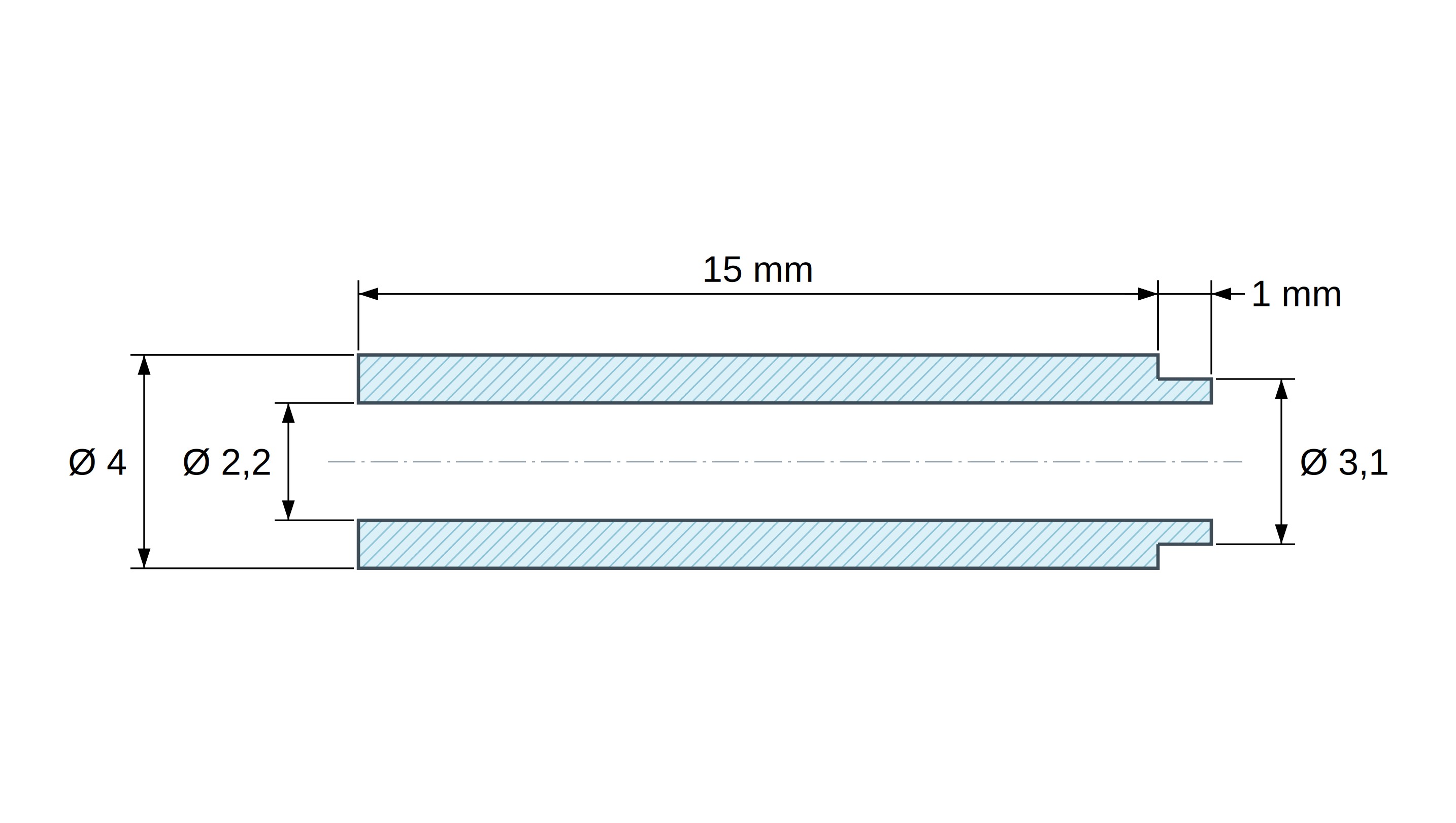 Plano acotado del separador con resalte PA6-FV Ø2,2×4 mm, resalte Ø3,1×1 mm, para M2, UL94-HB Plano acotado del separador con resalte PA6-FV Ø2,2×4 mm, resalte Ø3,1×1 mm, para M2, UL94-HB