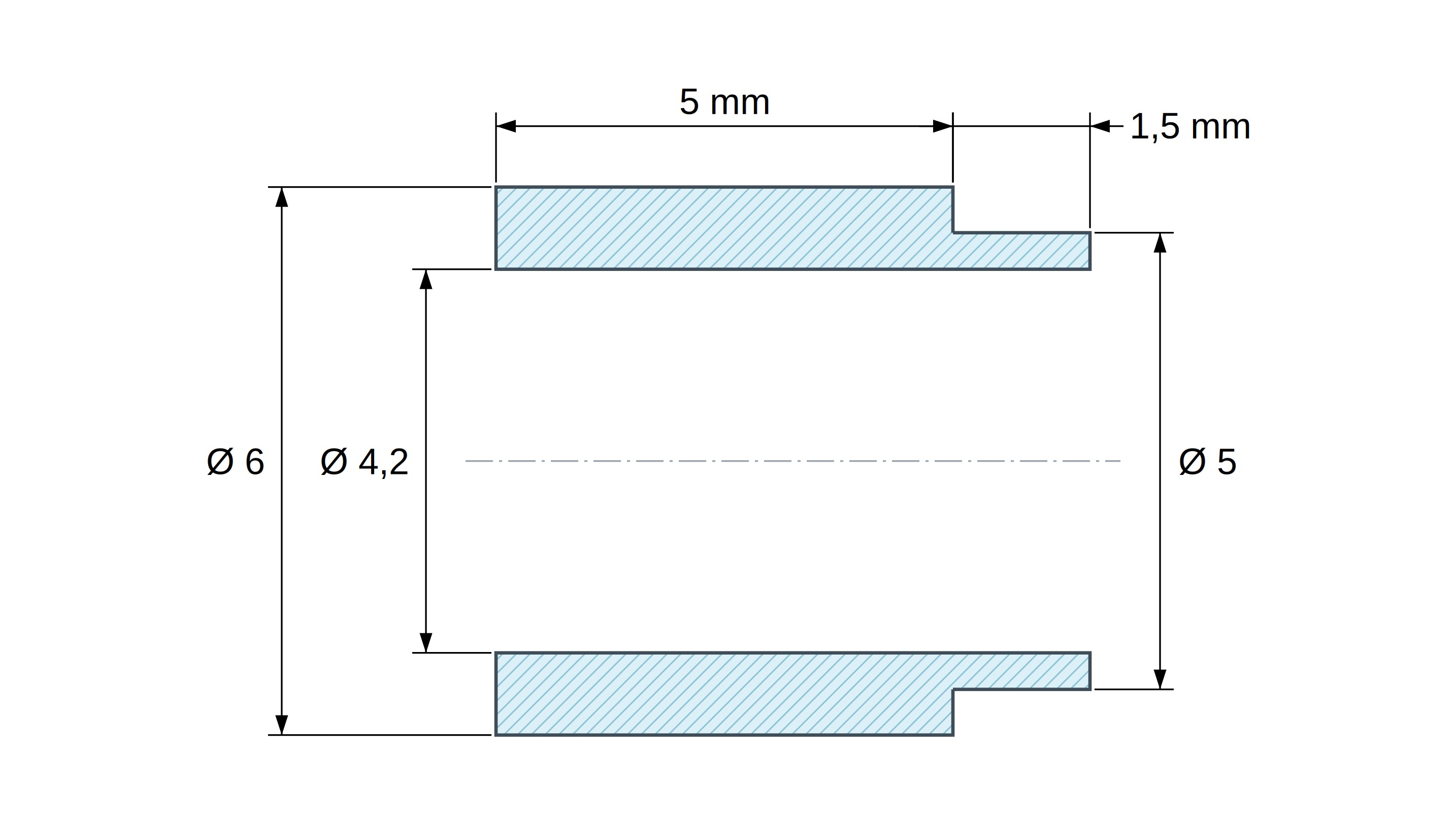 Plano acotado del separador con resalte PA6-FV Ø4,2×6 mm, resalte Ø5×1,5 mm, para M4, UL94-HB Plano acotado del separador con resalte PA6-FV Ø4,2×6 mm, resalte Ø5×1,5 mm, para M4, UL94-HB