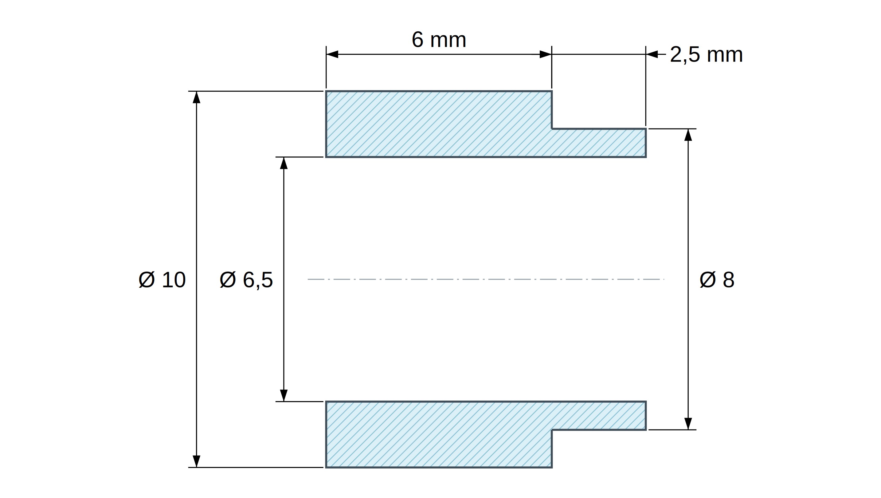 Plano acotado del separador con resalte PA6-FV Ø6,5×10 mm, resalte Ø8×2,5 mm, para M6, UL94-HB Plano acotado del separador con resalte PA6-FV Ø6,5×10 mm, resalte Ø8×2,5 mm, para M6, UL94-HB