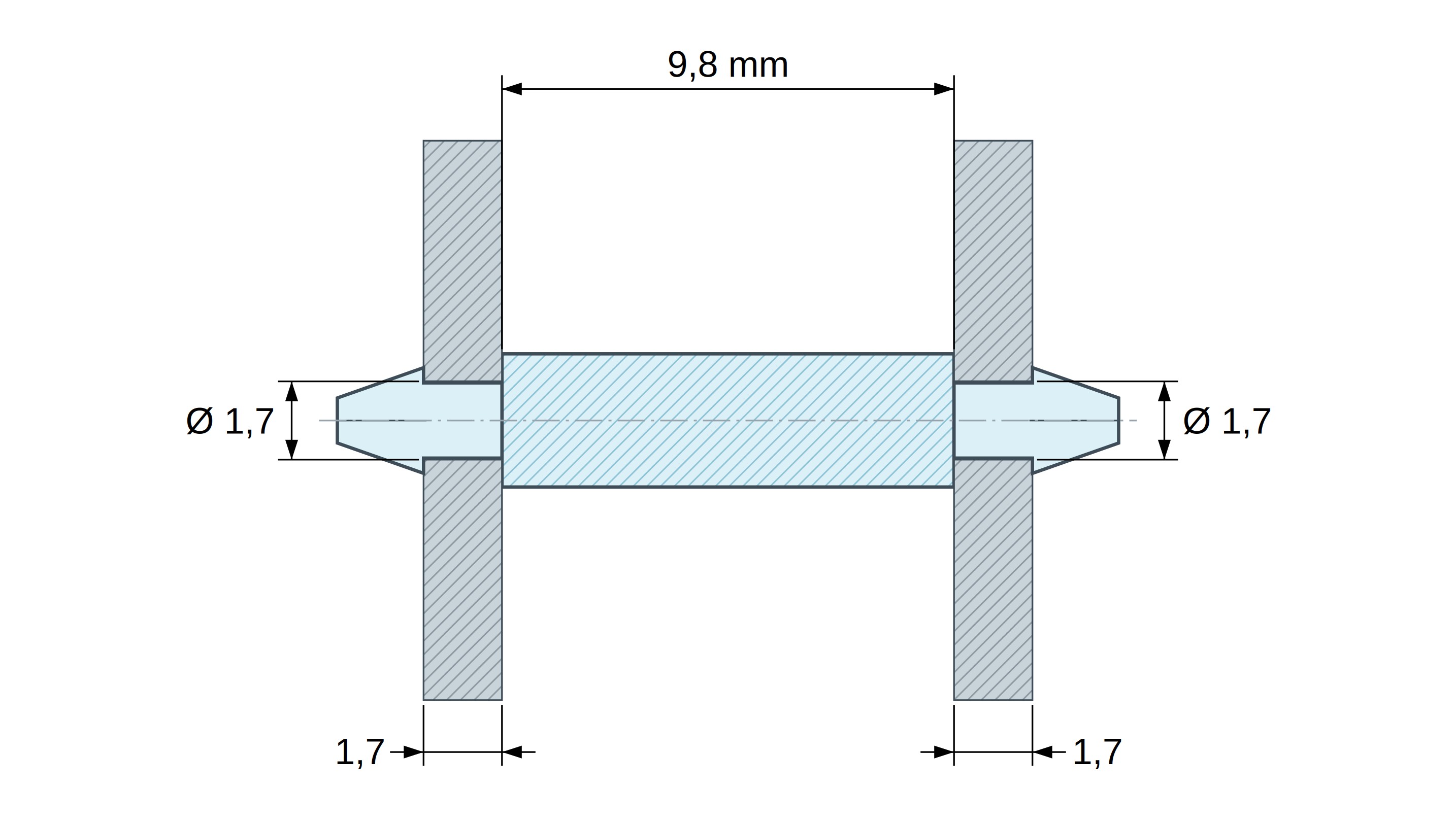 Plano acotado de Soporte PCB a presión por ambos lados, PA6.6 natural, UL94-V2, orificio PCB Ø1,7 mm, espesor PCB 1,7 mm