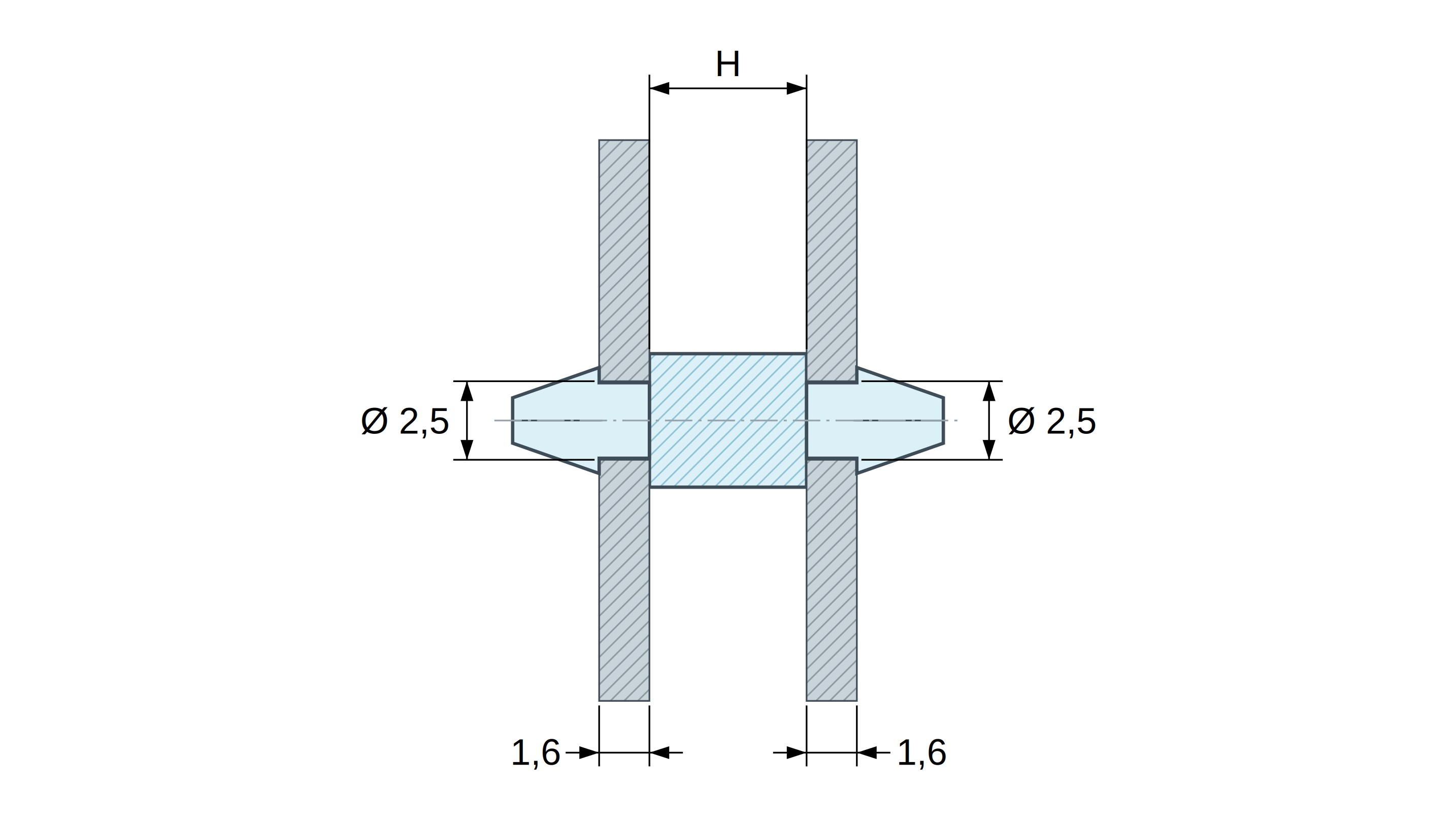 Plano acotado: Soporte PCB a presión por ambos lados, poliamida PA6.6 natural UL94-V2, taladro PCB Ø2,5 mm, PCB 1,6 mm Plano acotado: Soporte PCB a presión por ambos lados, poliamida PA6.6 natural UL94-V2, taladro PCB Ø2,5 mm, PCB 1,6 mm