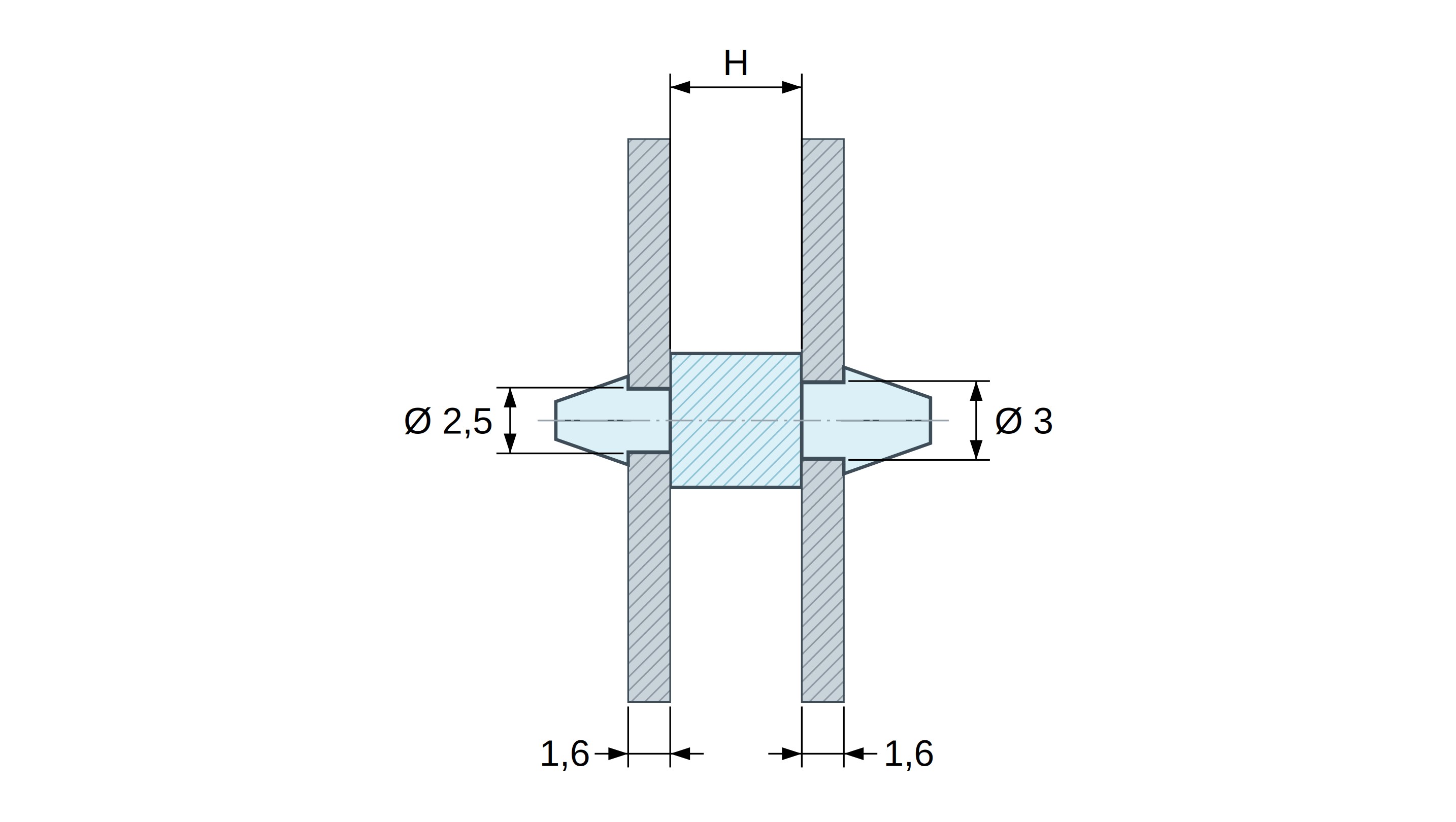 Plano acotado: Soporte PCB a presión por ambos lados, poliamida PA6.6 negra UL94-HB, PCB Ø2,5 mm 1,6 mm / chasis Ø3 mm 1,6 mm