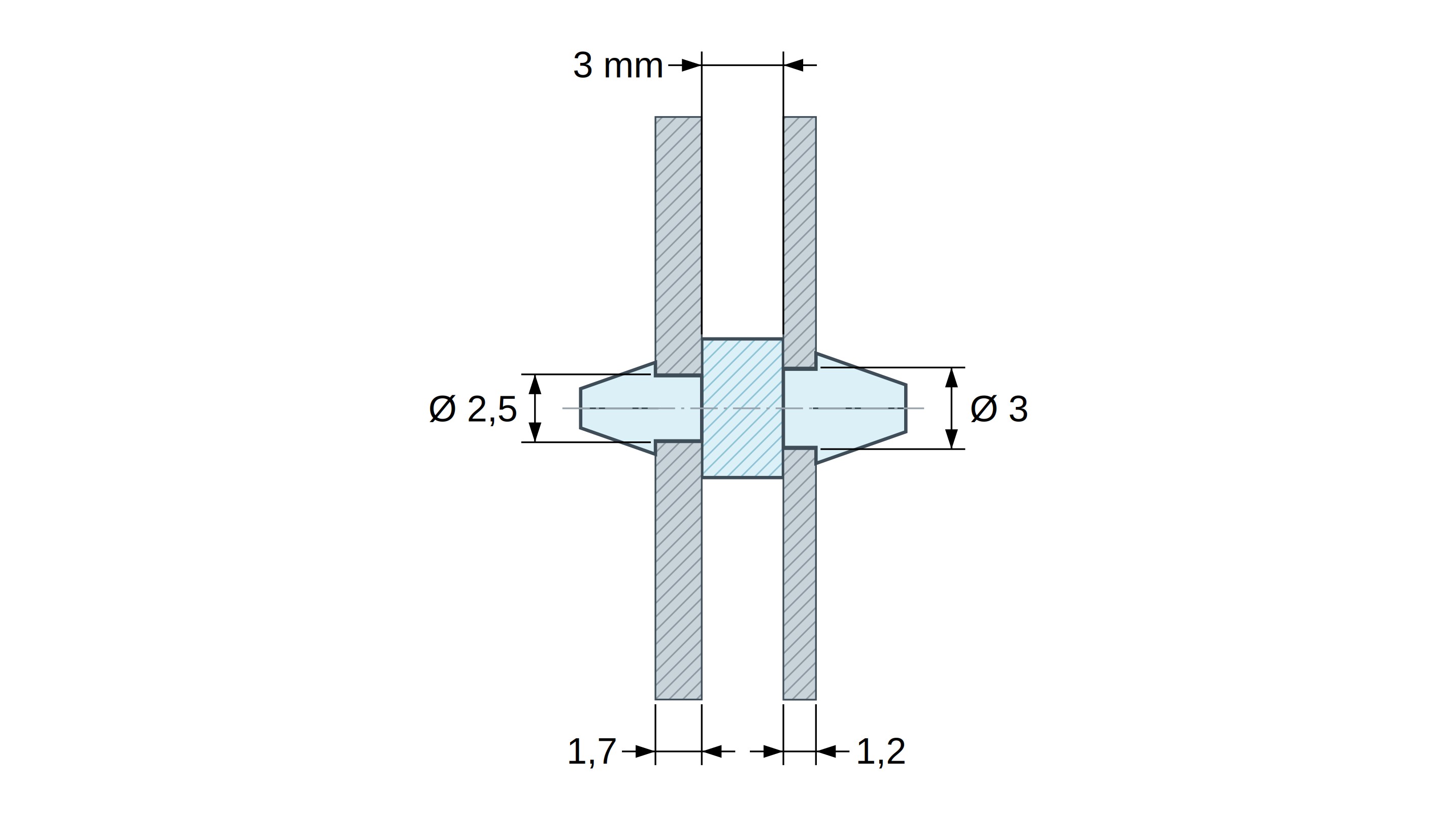 Soporte PCB a presión por ambos lados, Poliamida PA6.6, natural, UL94-V2, PCB Ø2,5/1,7 mm / CH Ø3/1,2 mm