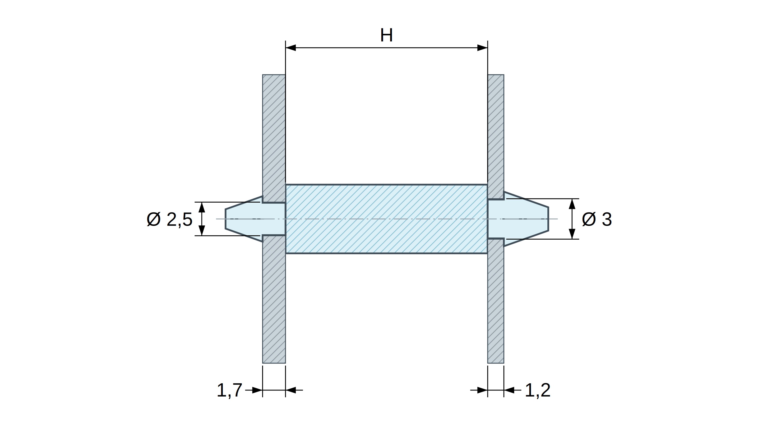 Soporte PCB a presión por ambos lados, Poliamida PA6.6, negra, UL94-HB, PCB Ø2,5/1,7 mm / CH Ø3/1,2 mm