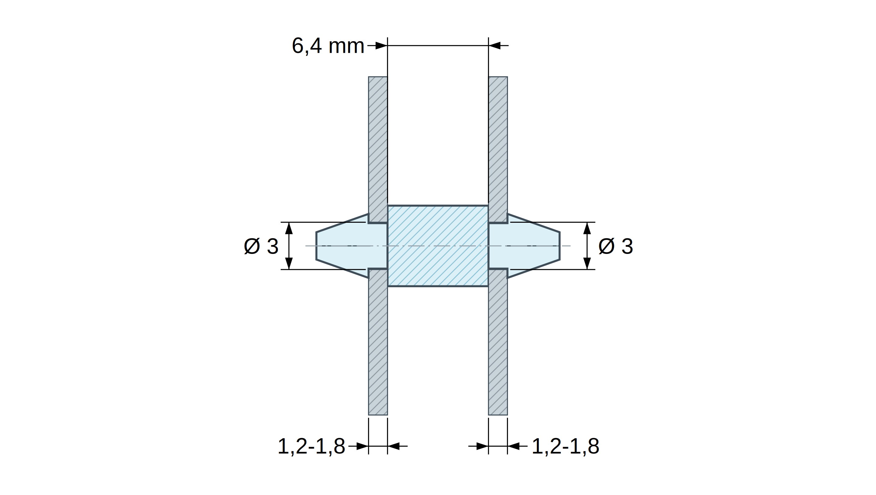 Plano acotado de Soporte PCB a presión por ambos lados, PA6.6 negro, UL94-V2, orificio PCB Ø3 mm, espesor PCB 1,2–1,8 mm
