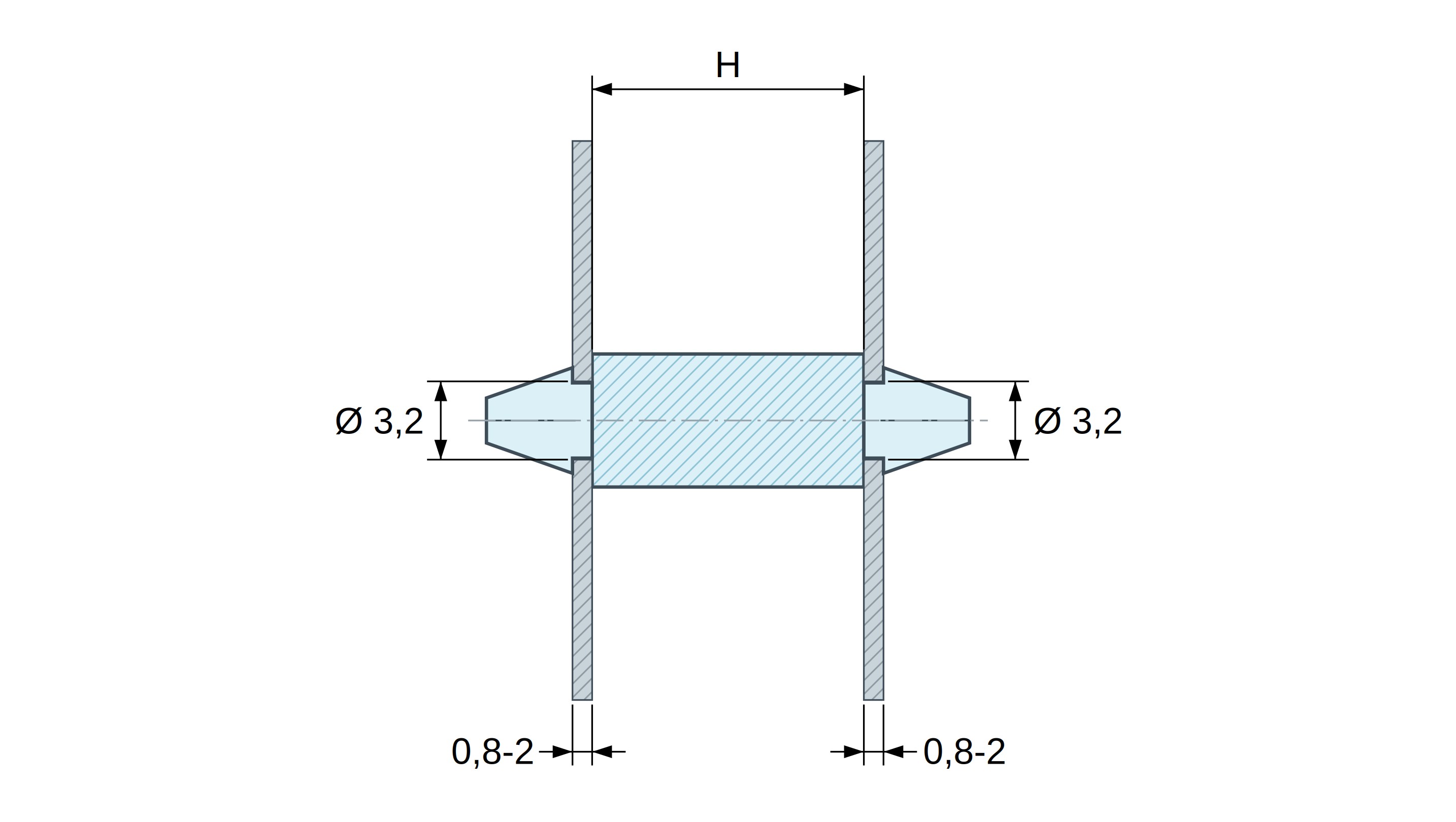 Plano acotado de Soporte PCB a presión por ambos lados, PA6.6 natural, UL94-V2, orificio PCB Ø3,2 mm, espesor PCB 0,8–2 mm