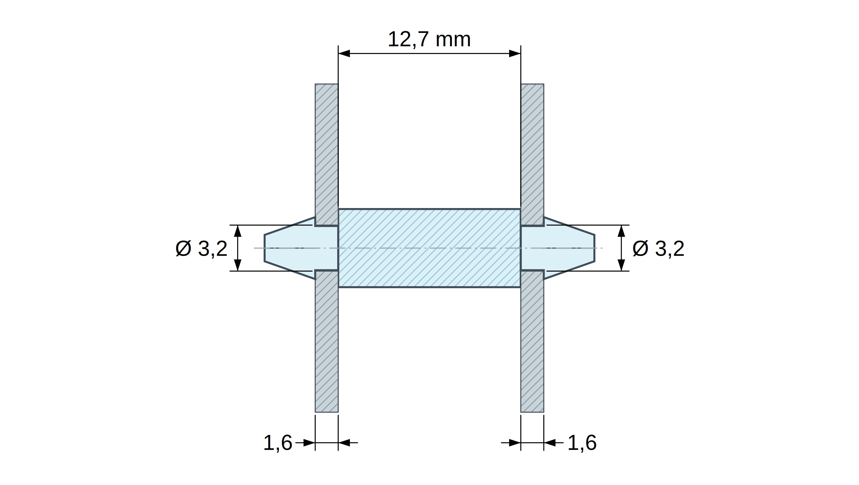 Plano acotado de Soporte PCB a presión por ambos lados, PA6.6 natural, UL94-V0, orificio PCB Ø3,2 mm, espesor PCB 1,6 mm