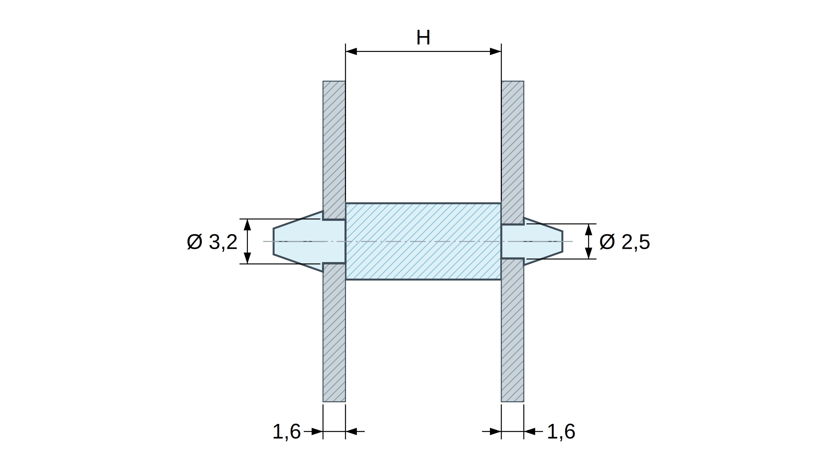 Soporte PCB a presión por ambos lados, Poliamida PA6.6, natural, UL94-V2, PCB Ø3,2/1,6 mm / CH Ø2,5/1,6 mm