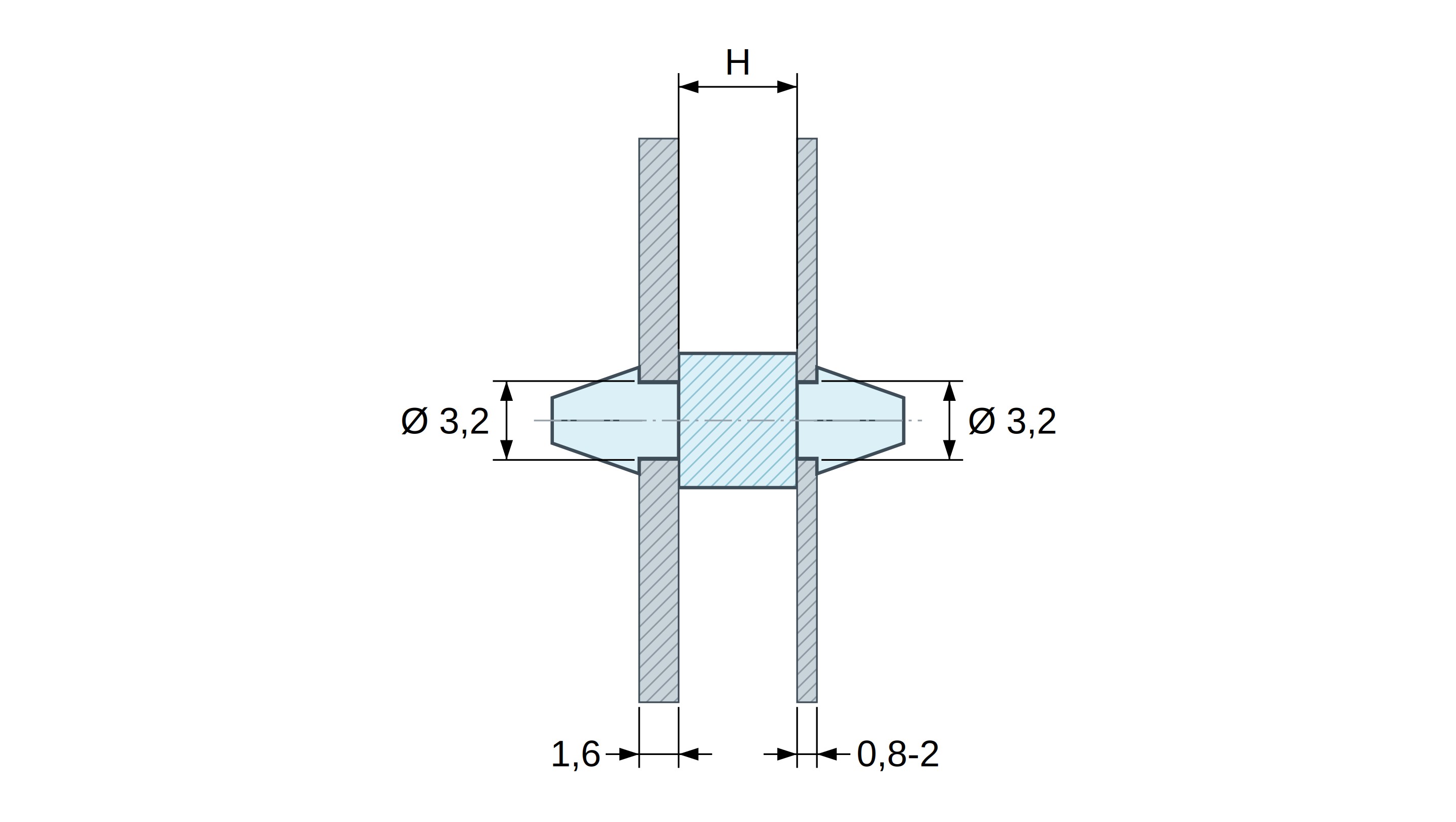 Plano acotado: Soporte PCB a presión por ambos lados, poliamida PA6.6 natural UL94-V2, PCB Ø3,2 mm 1,6 mm / chasis Ø3,2 mm 0,8–2 mm
