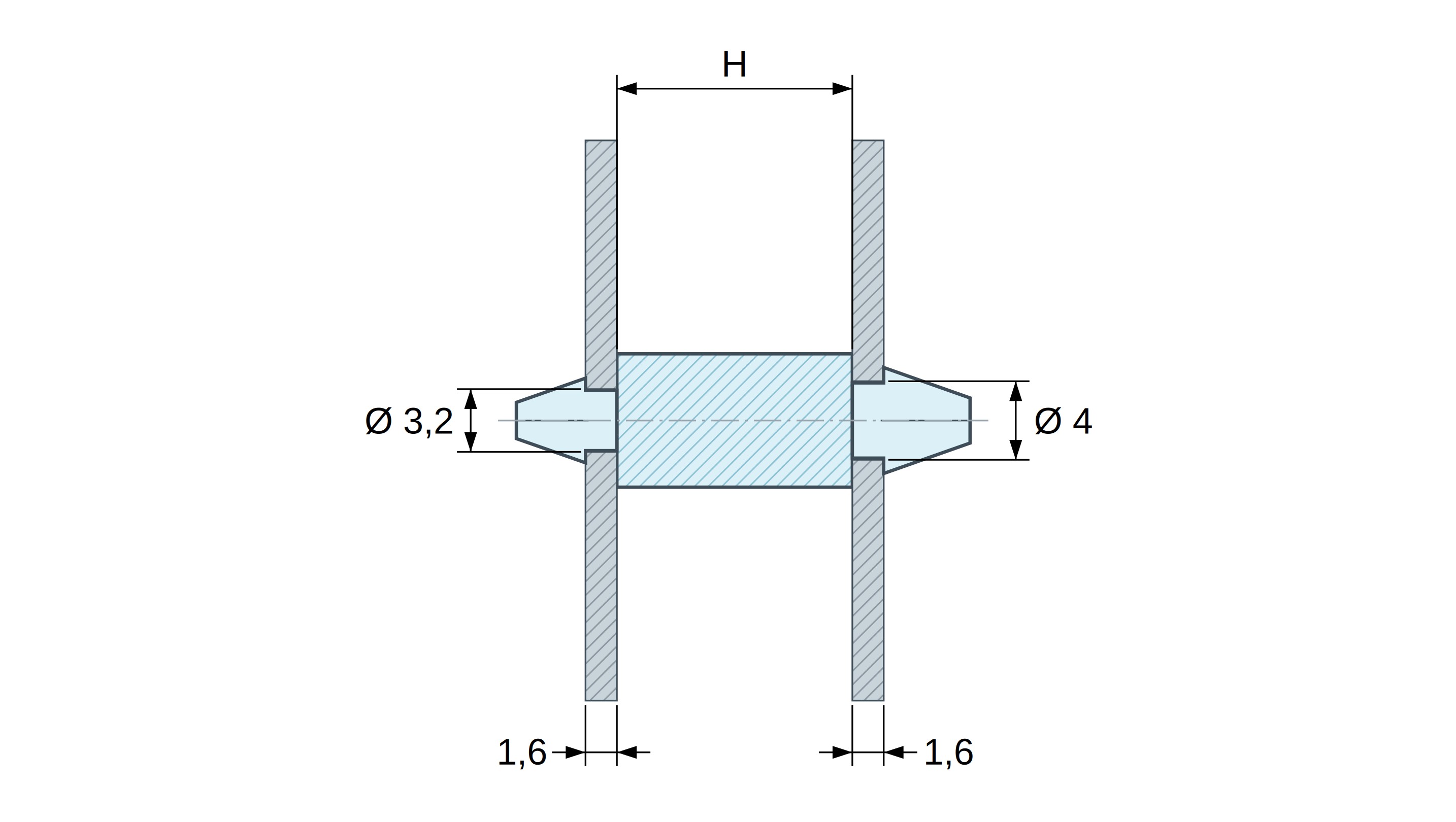 Soporte PCB a presión por ambos lados, Poliamida PA6.6, negra, UL94-HB, PCB Ø3,2/1,6 mm / CH Ø4/1,6 mm