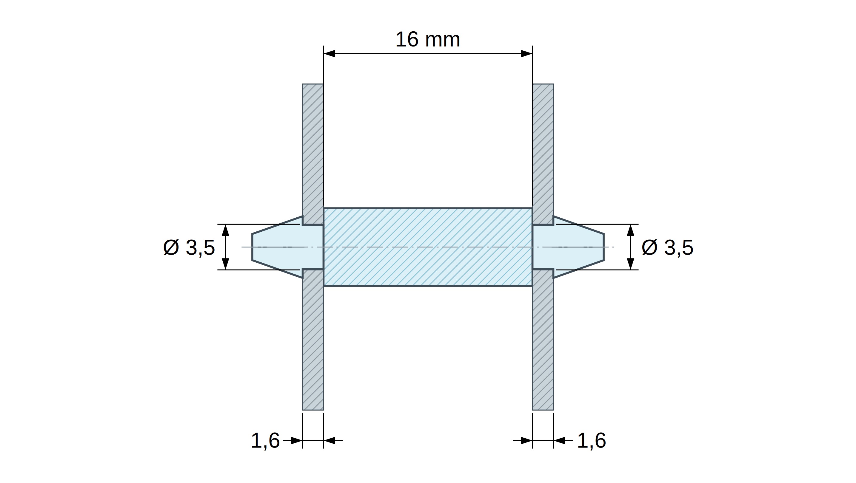 Plano acotado de Soporte PCB a presión por ambos lados, PA6.6 natural, UL94-V0, orificio PCB Ø3,5 mm, espesor PCB 1,6 mm
