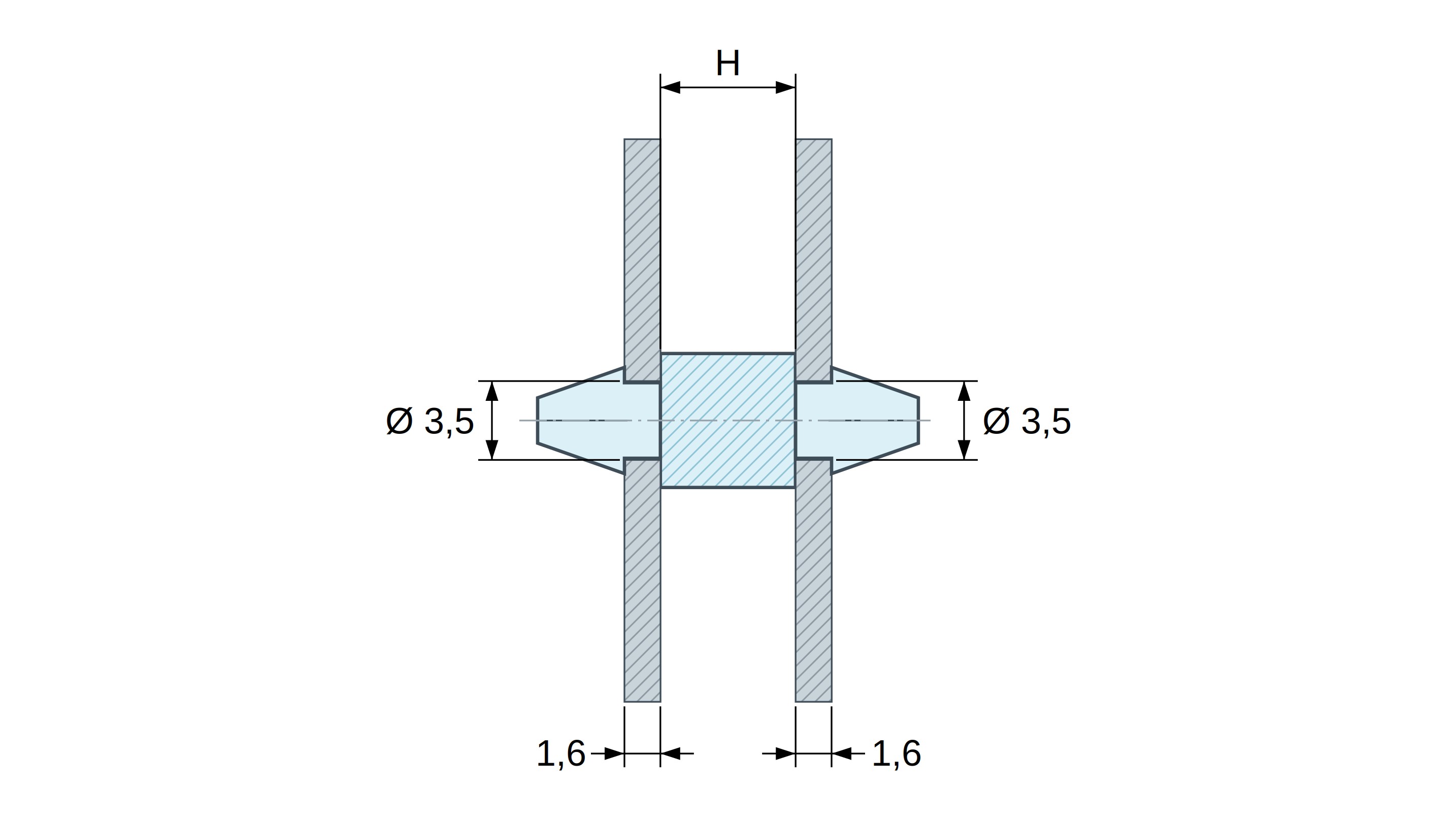 Plano acotado: Soporte PCB a presión por ambos lados, poliamida PA6.6 natural UL94-V2, taladro PCB Ø3,5 mm, PCB 1,6 mm