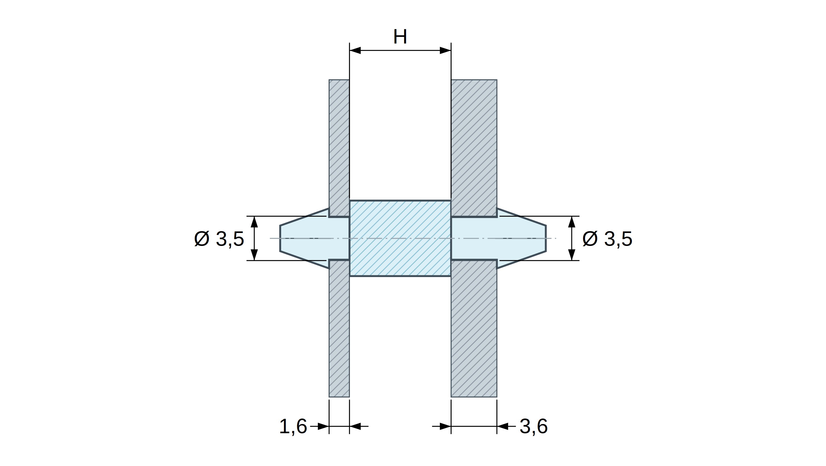 Plano acotado: Soporte PCB a presión por ambos lados, poliamida PA6.6 natural UL94-V2, PCB Ø3,5 mm 1,6 mm / chasis Ø3,5 mm 3,6 mm Plano acotado: Soporte PCB a presión por ambos lados, poliamida PA6.6 natural UL94-V2, PCB Ø3,5 mm 1,6 mm / chasis Ø3,5 mm 3,6 mm