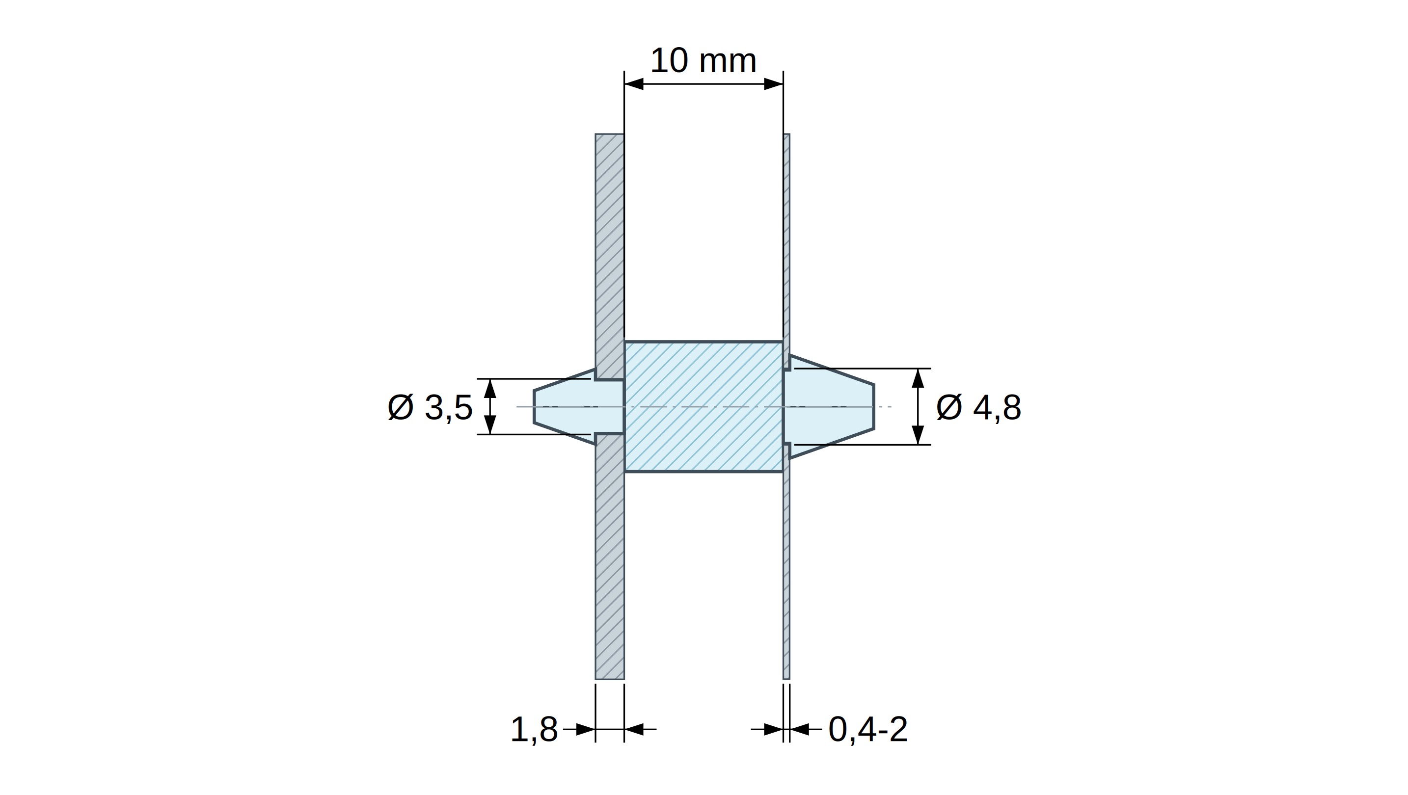 Soporte PCB a presión por ambos lados, Poliamida PA6.6, natural, UL94-V2, PCB Ø3,5/1,8 mm / CH Ø4,8/0,4–2 mm