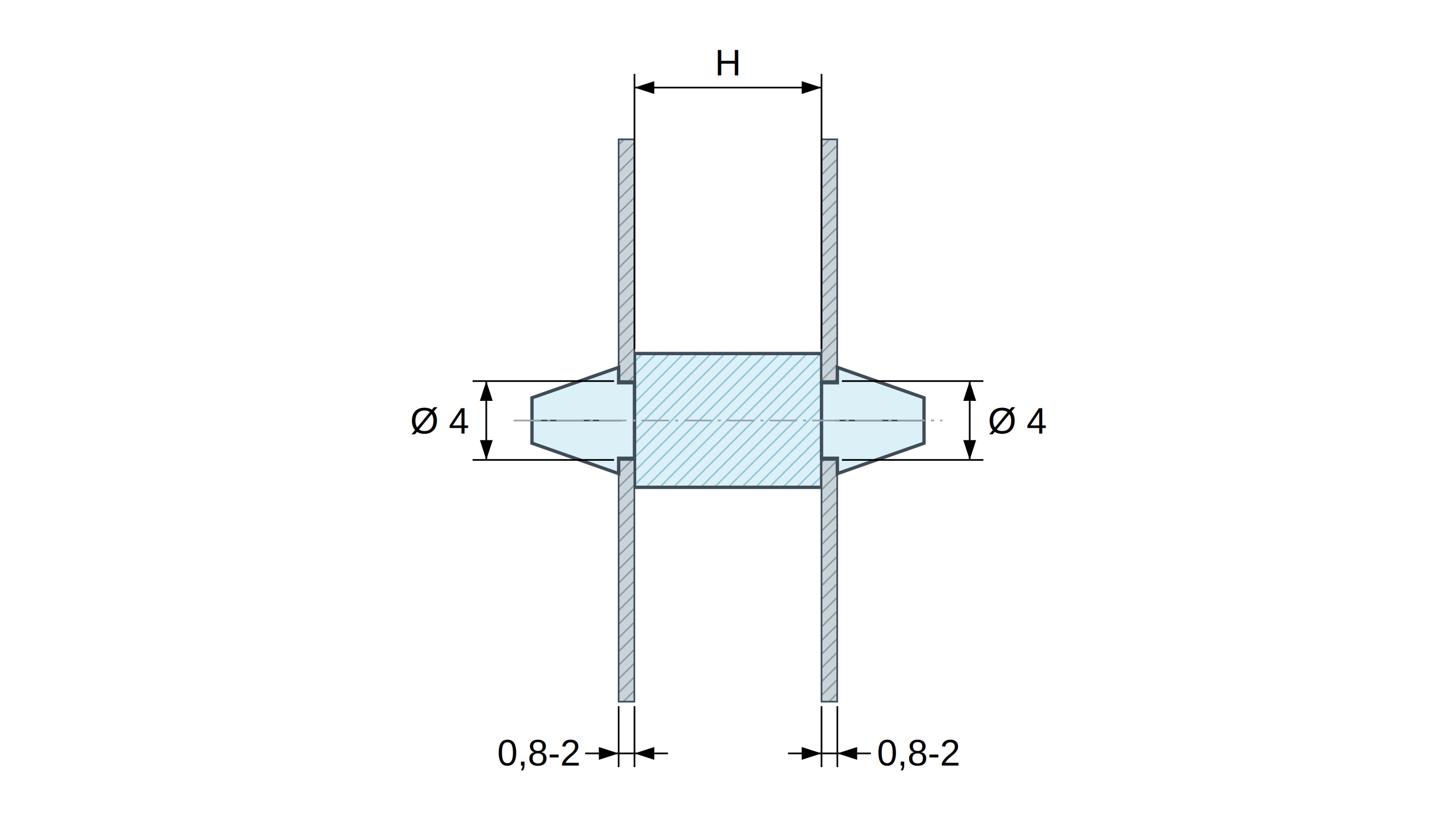 Plano acotado de Soporte PCB a presión por ambos lados, PA6.6 natural, UL94-V2, orificio PCB Ø4 mm, espesor PCB 0,8–2 mm Plano acotado de Soporte PCB a presión por ambos lados, PA6.6 natural, UL94-V2, orificio PCB Ø4 mm, espesor PCB 0,8–2 mm