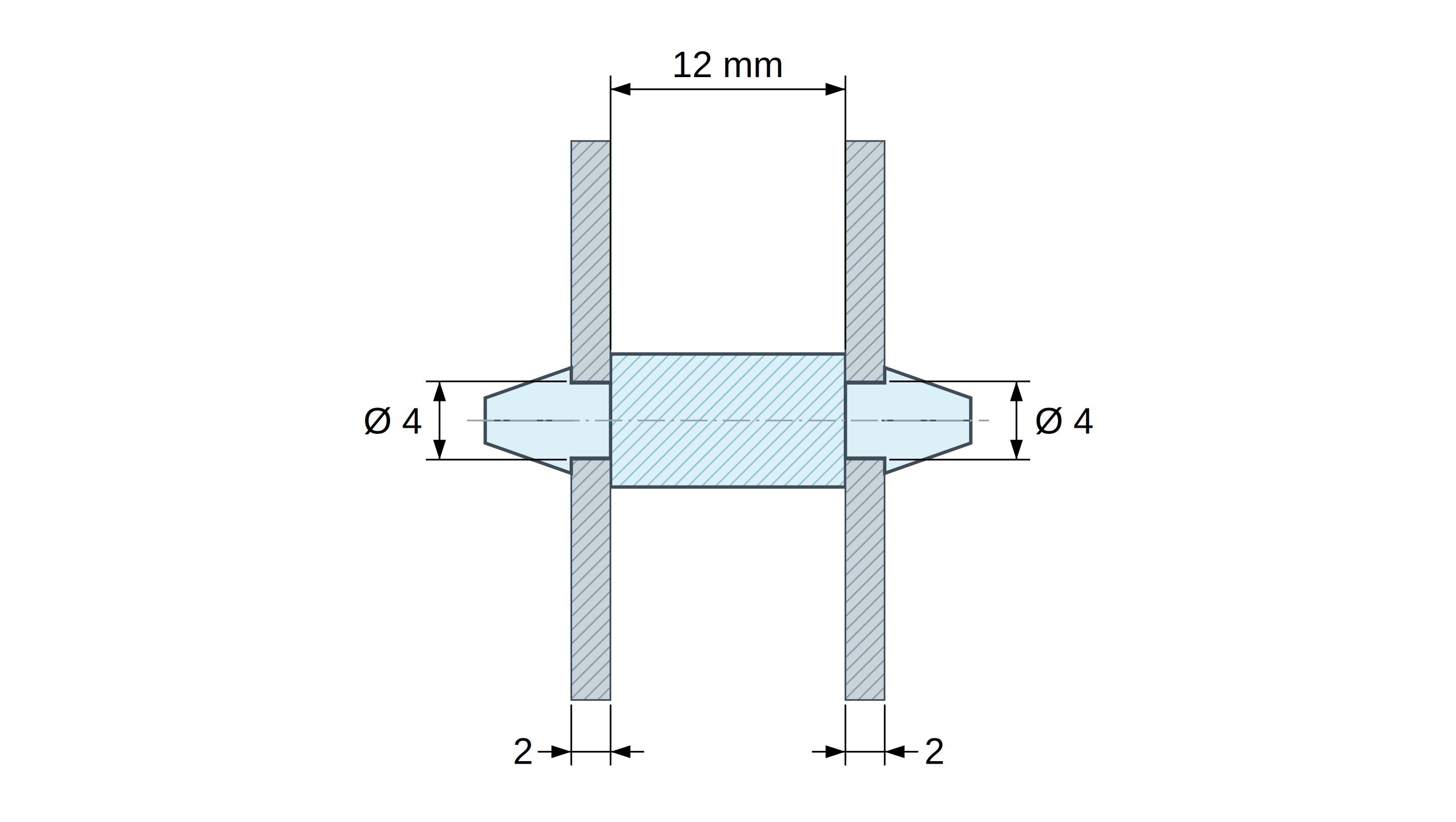 Plano acotado de Soporte PCB a presión por ambos lados, PA6.6 natural, UL94-HB, orificio PCB Ø4 mm, espesor PCB 2 mm Plano acotado de Soporte PCB a presión por ambos lados, PA6.6 natural, UL94-HB, orificio PCB Ø4 mm, espesor PCB 2 mm