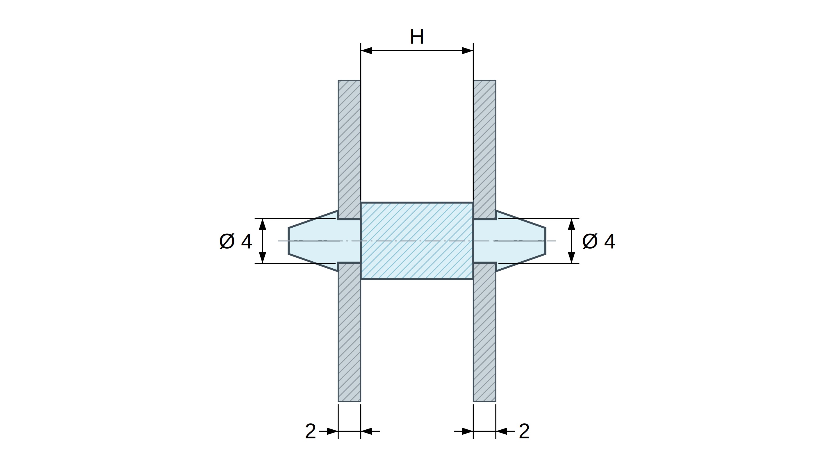 Plano acotado de Soporte PCB a presión por ambos lados, PA6.6 negro, UL94-HB, orificio PCB Ø4 mm, espesor PCB 2 mm