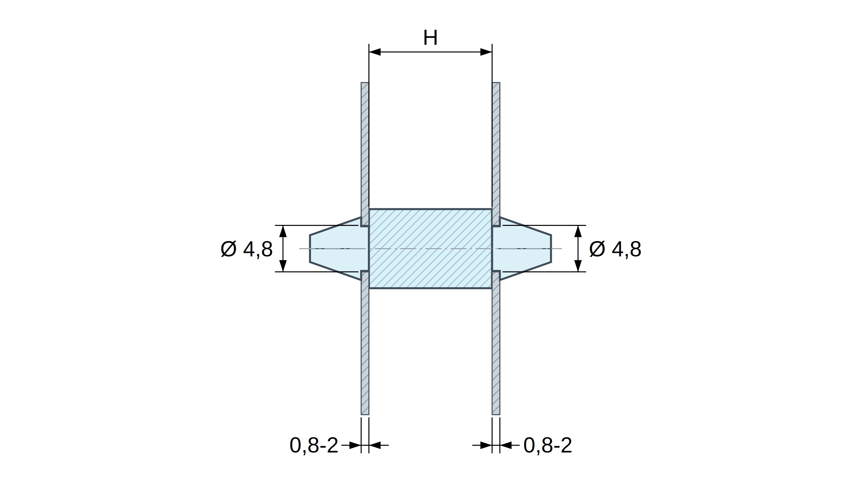 Plano acotado de Soporte PCB a presión por ambos lados, PA6.6 natural, UL94-V2, orificio PCB Ø4,8 mm, espesor PCB 0,8–2 mm