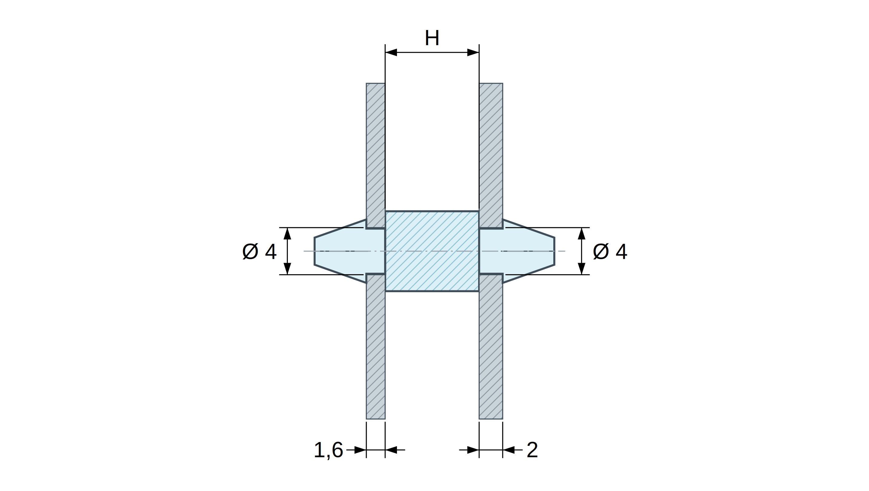 Soporte PCB a presión por ambos lados, Poliamida PA6.6, negra, UL94-HB, PCB Ø4/1,6 mm / CH Ø4/2 mm