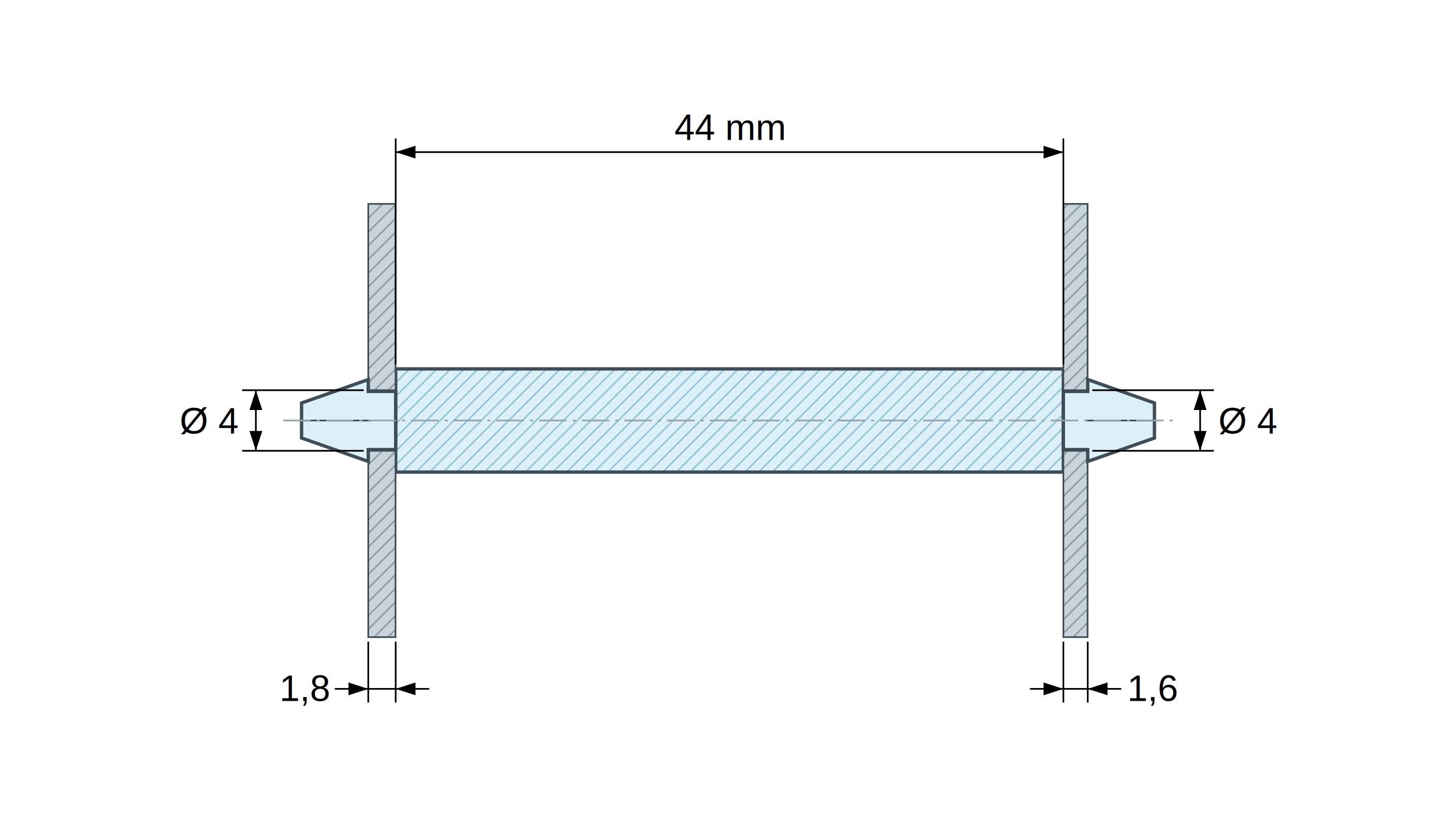 Plano acotado: Soporte PCB a presión por ambos lados, poliamida PA6.6 negra UL94-HB, PCB Ø4 mm 1,8 mm / chasis Ø4 mm 1,6 mm Plano acotado: Soporte PCB a presión por ambos lados, poliamida PA6.6 negra UL94-HB, PCB Ø4 mm 1,8 mm / chasis Ø4 mm 1,6 mm
