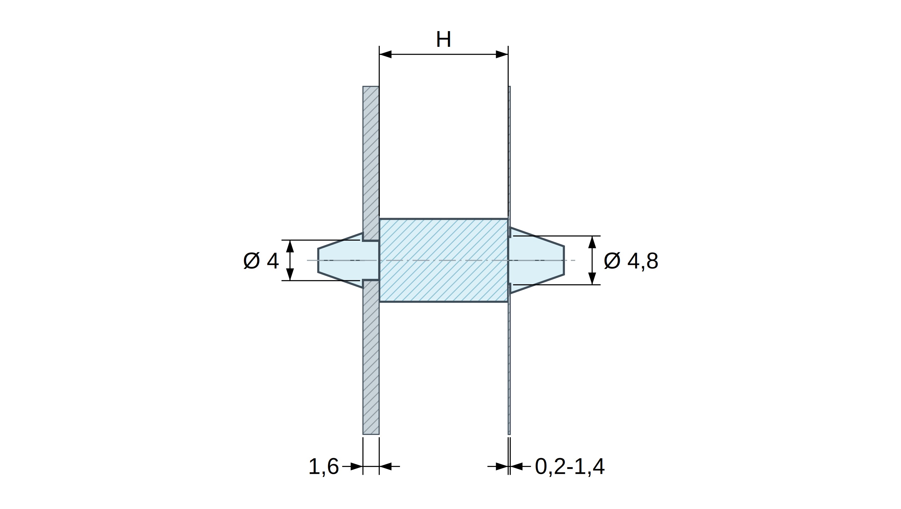 Plano acotado: Soporte PCB a presión por ambos lados, poliamida PA6.6 natural UL94-V2, PCB Ø4 mm 1,6 mm / chasis Ø4,8 mm 0,2–1,4 mm Plano acotado: Soporte PCB a presión por ambos lados, poliamida PA6.6 natural UL94-V2, PCB Ø4 mm 1,6 mm / chasis Ø4,8 mm 0,2–1,4 mm