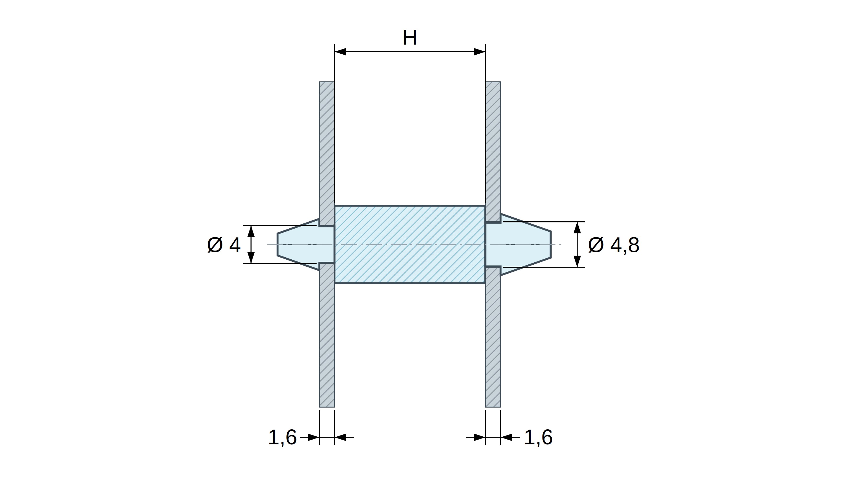 Soporte PCB a presión por ambos lados, Poliamida PA6.6, natural, UL94-V2, PCB Ø4/1,6 mm / CH Ø4,8/1,6 mm