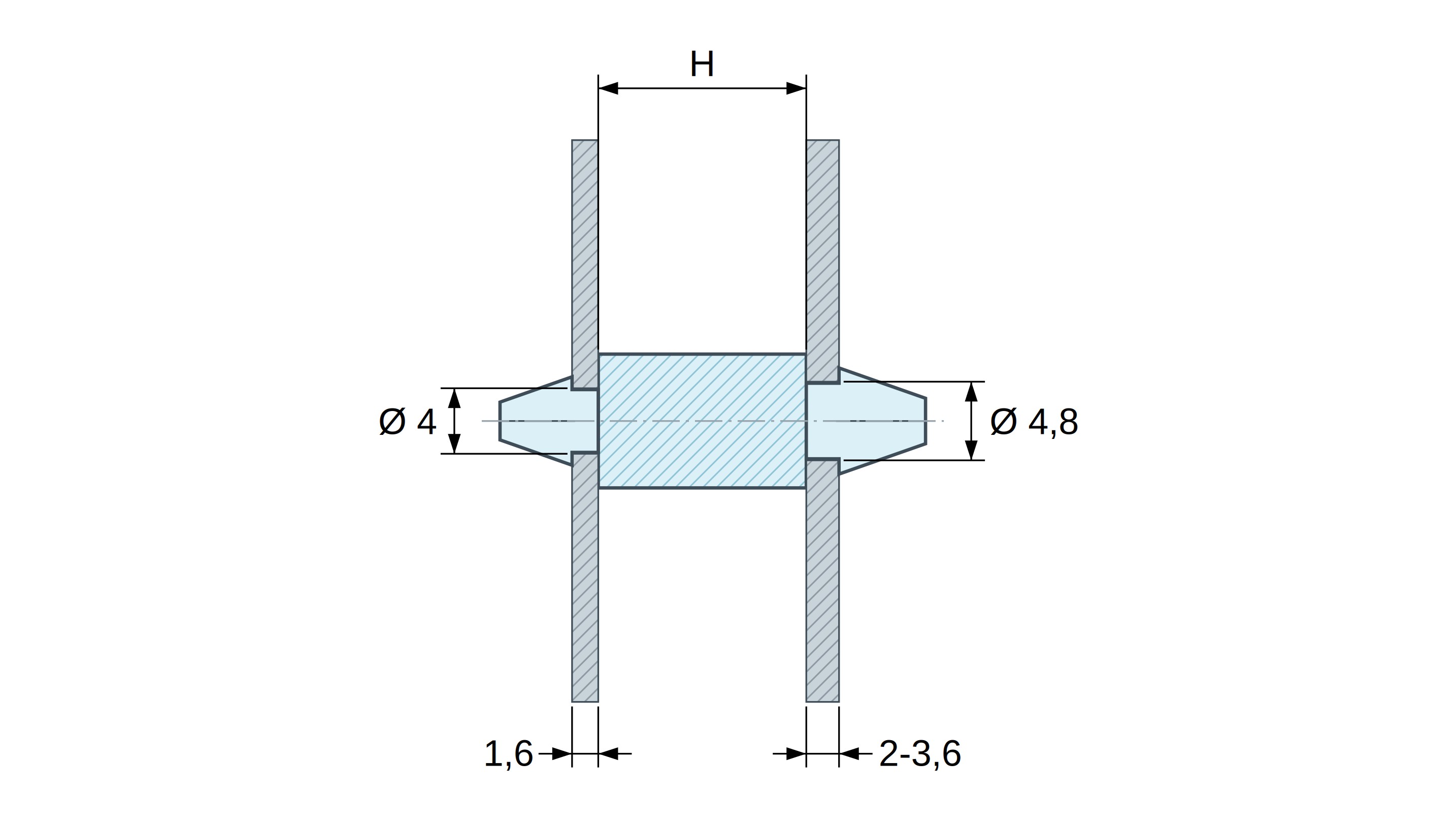 Soporte PCB a presión por ambos lados, Poliamida PA6.6, natural, UL94-V2, PCB Ø4/1,6 mm / CH Ø4,8/2–3,6 mm